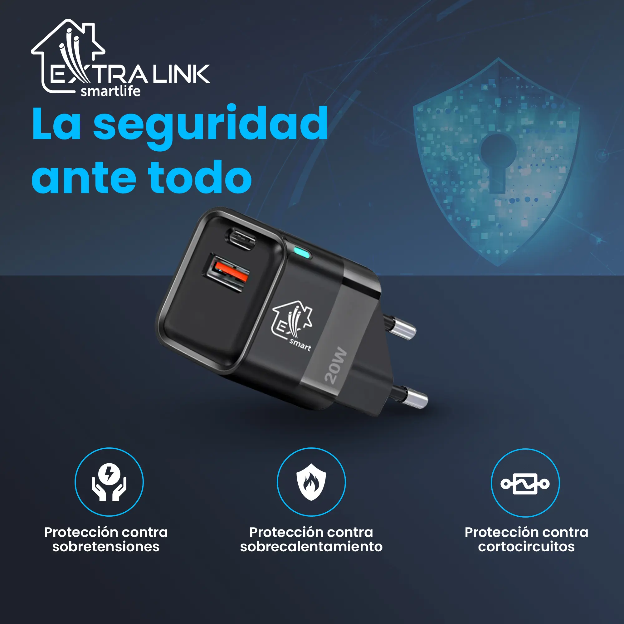 CARGADOR EXTRALINK SMART LIFE 20W, USB-C Y USB A