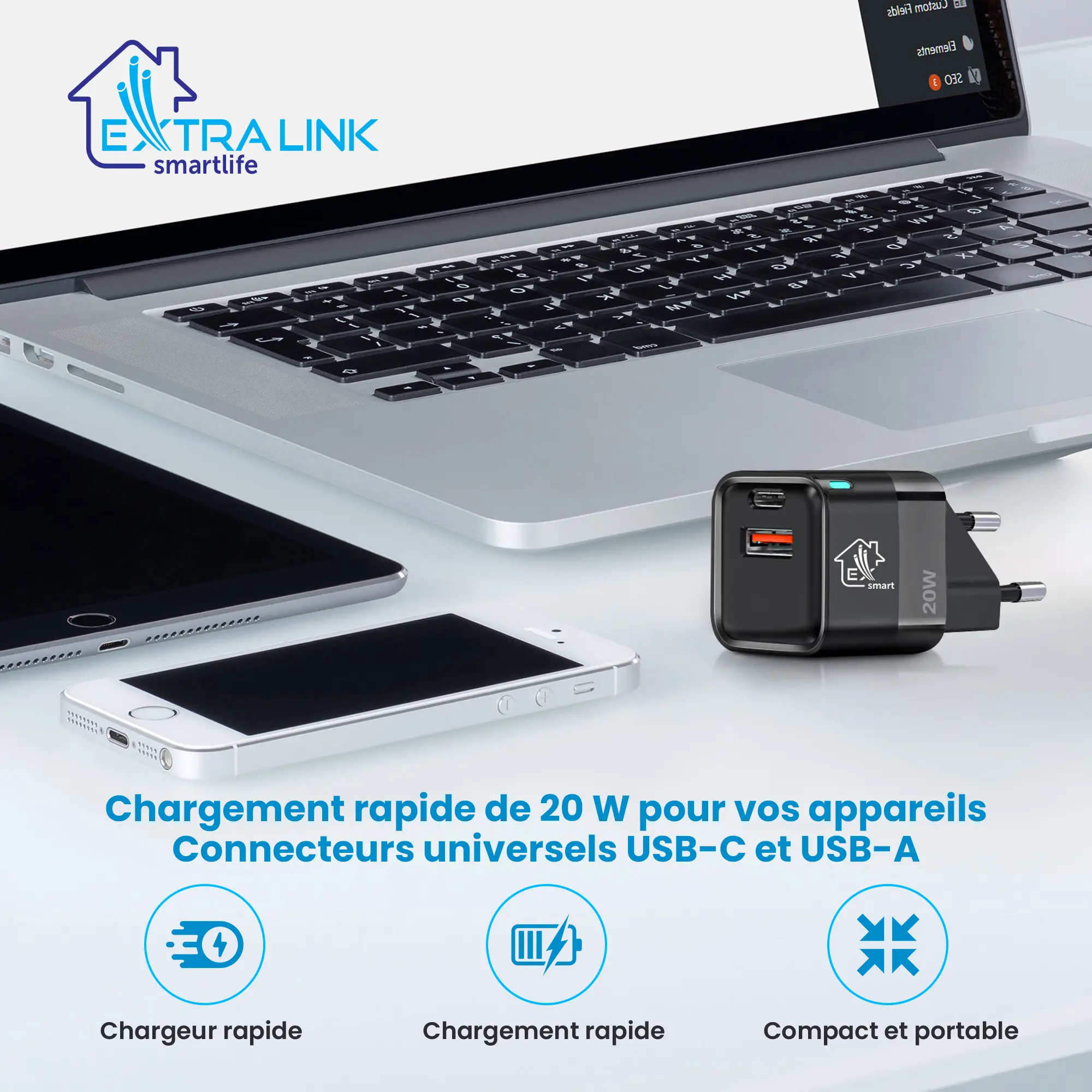 CARICATORE EXTRALINK SMART LIFE 20W, USB-C E USB A