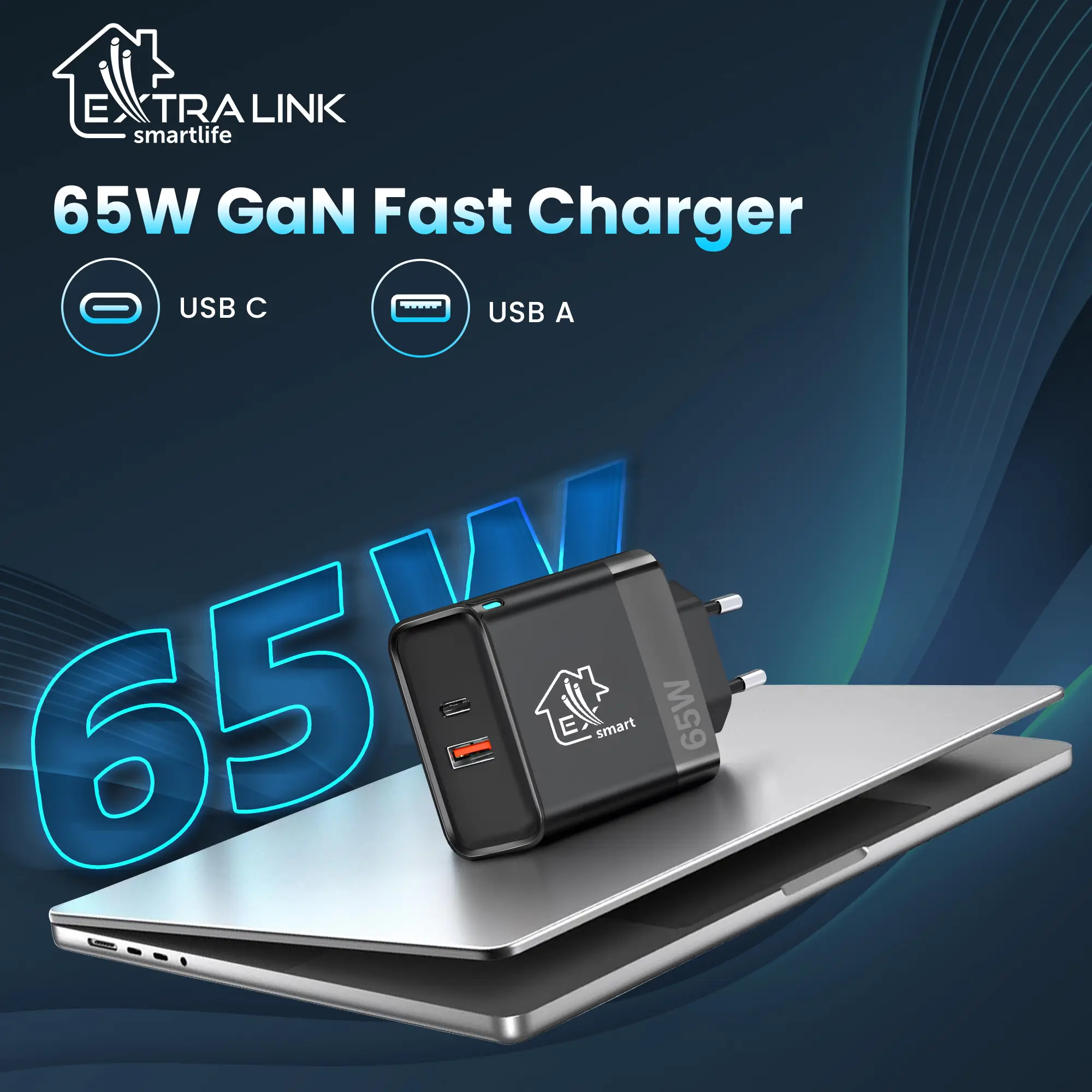EXTRALINK SMART LIFE CHARGER 65W, USB-C AND USB A