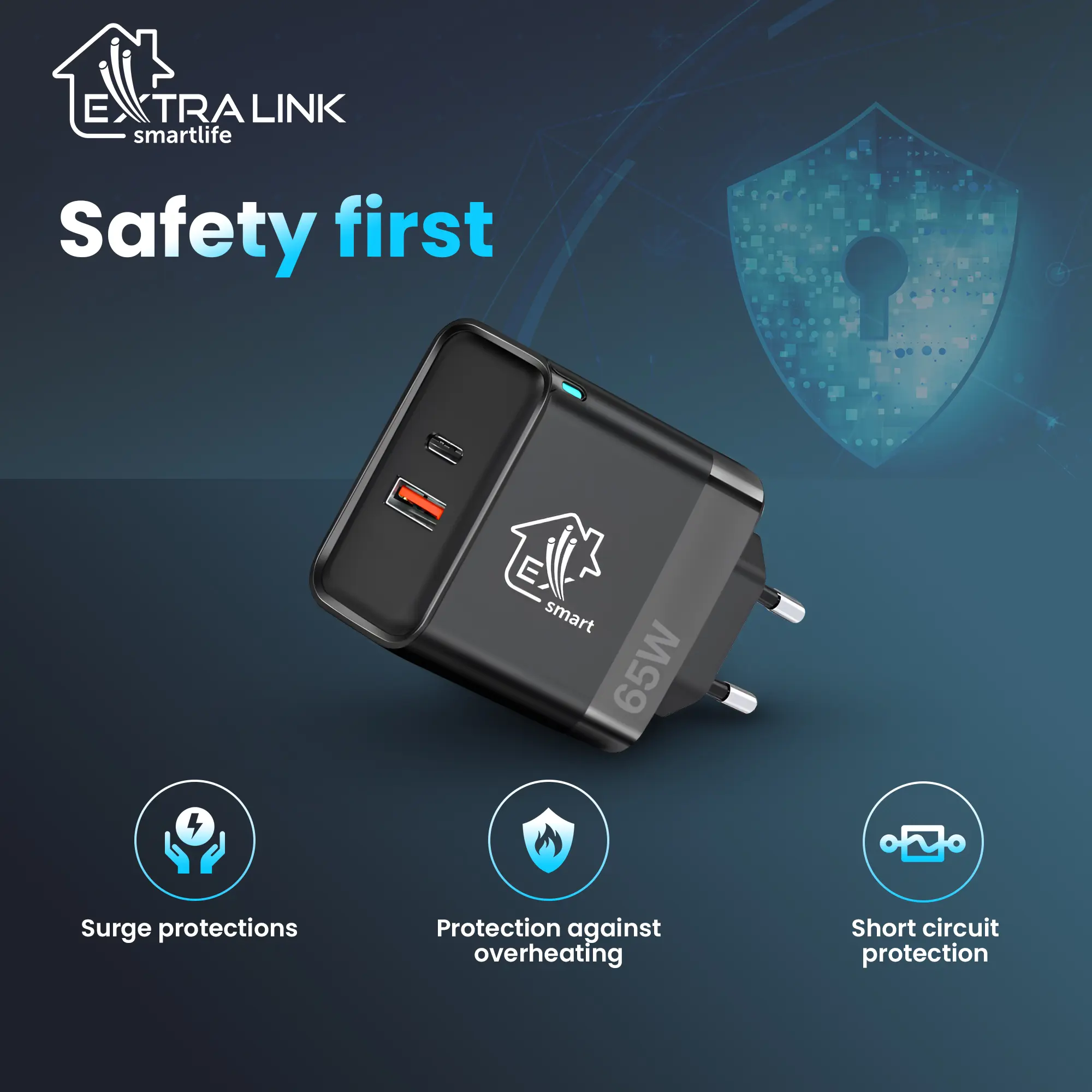 EXTRALINK SMART LIFE CHARGER 65W, USB-C AND USB A
