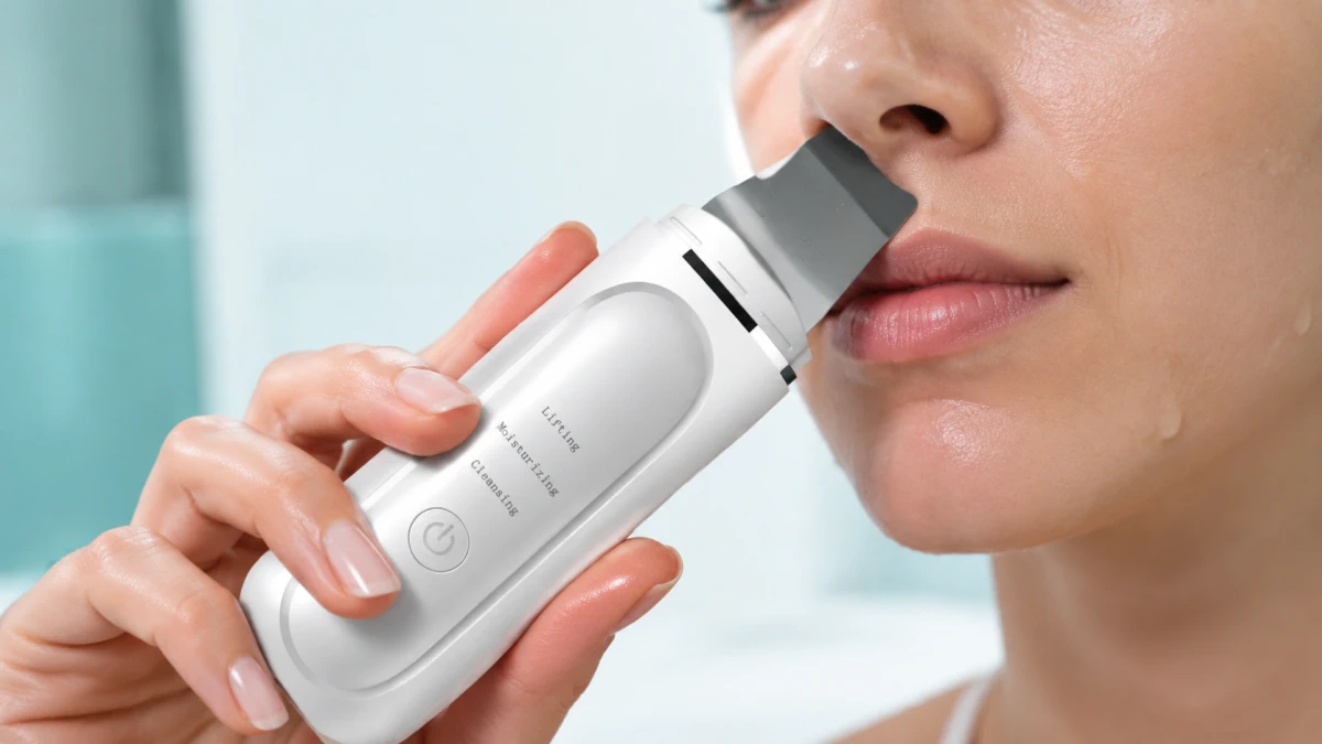 Женщина использует Extralink Beauty Ultrasonic Skin Cleaner 3in1 в области носа и верхней губы