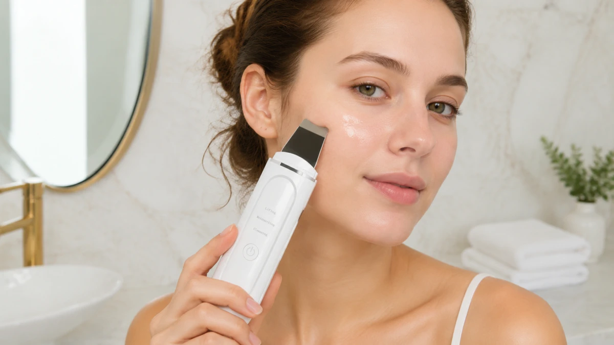 Женщина выполняет кавитационный пилинг щеки устройством Extralink Beauty