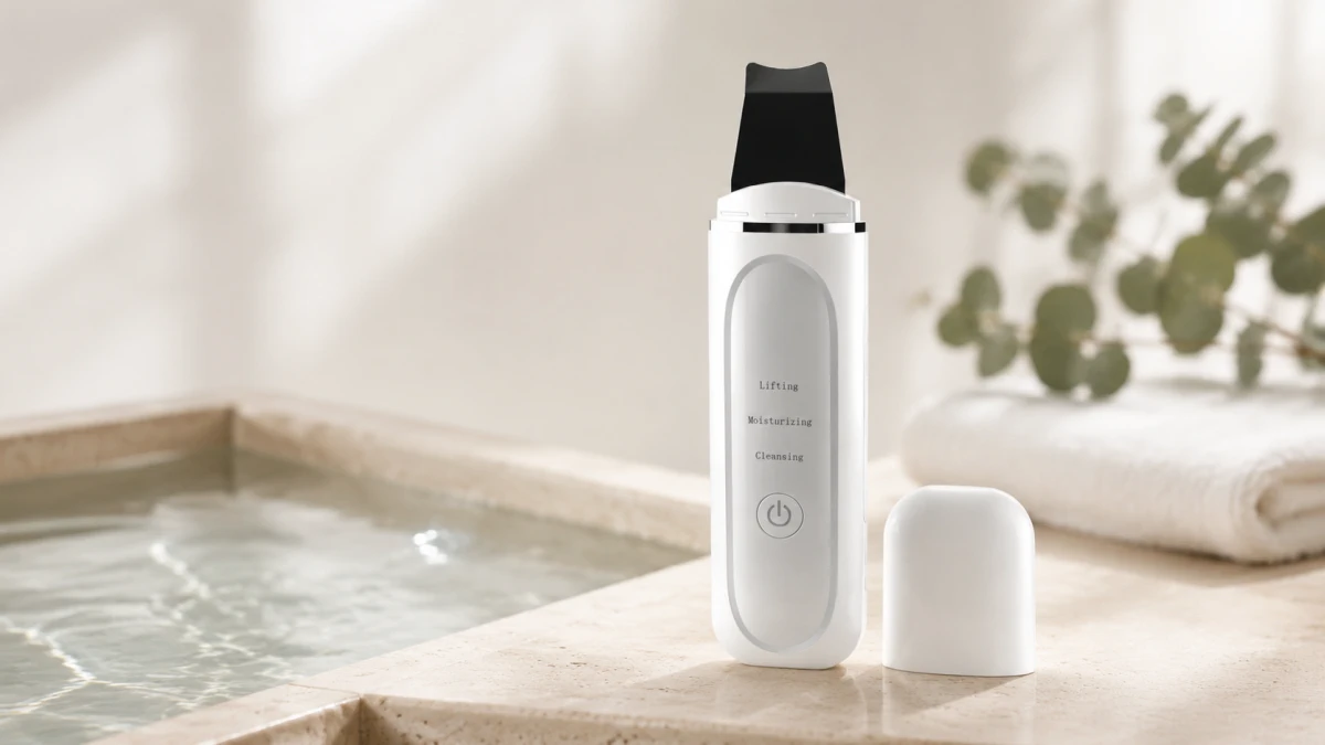 Белое устройство Extralink Beauty Ultrasonic Skin Cleaner 3in1, стоящее у умывальника