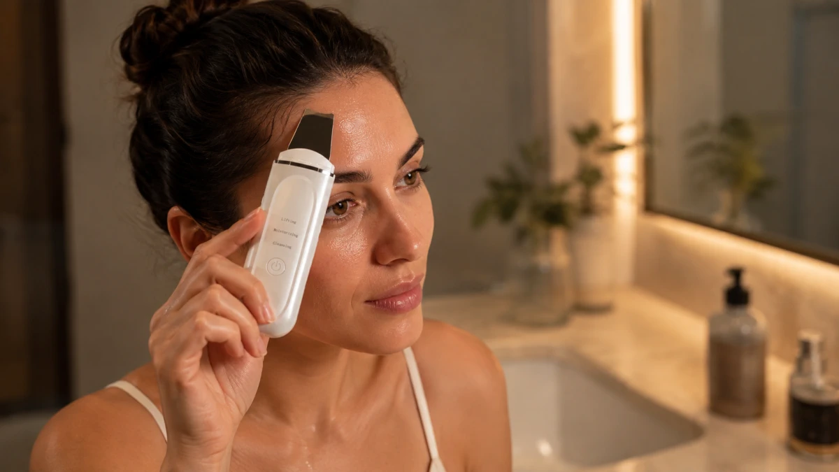 Женщина использует устройство Extralink Beauty Ultrasonic Skin Cleaner на лбу