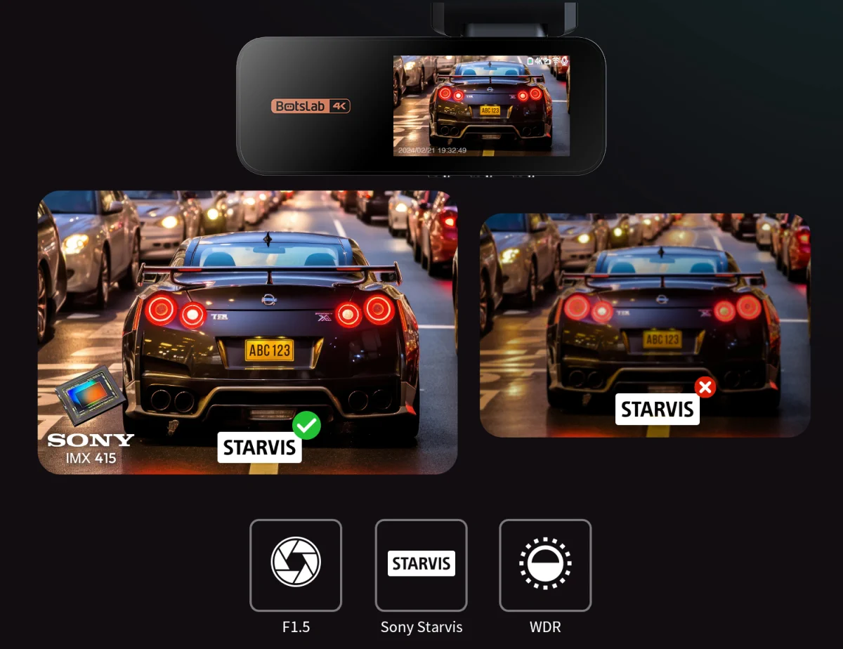 Câmara frontal BOTSLAB G980H DASH CAMERA que grava em resolução 4K e câmara traseira 2K QHD