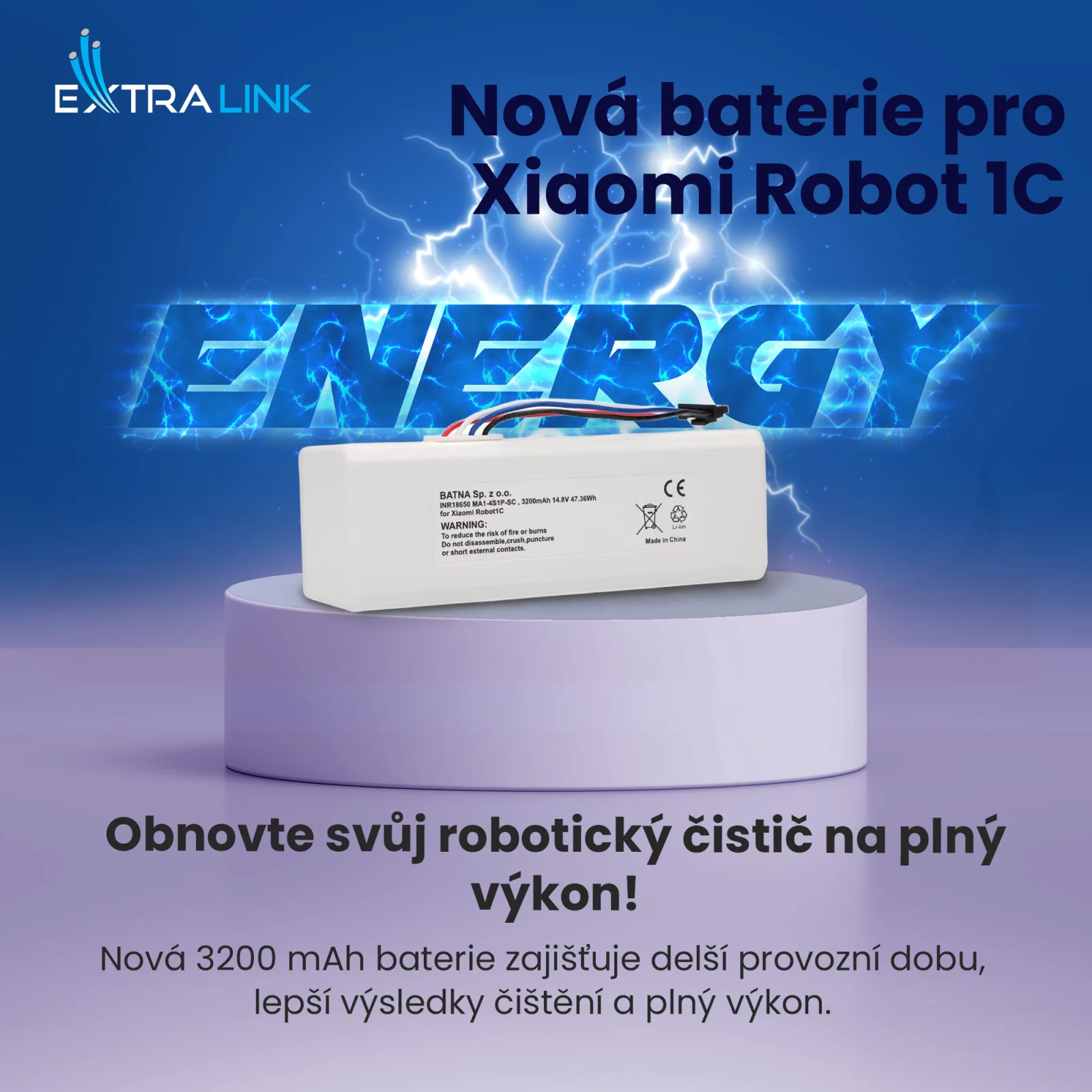 baterie pro xiaomi robot 1c na b&iacute;l&eacute;m kulat&eacute;m stojanu, modr&eacute; logo 