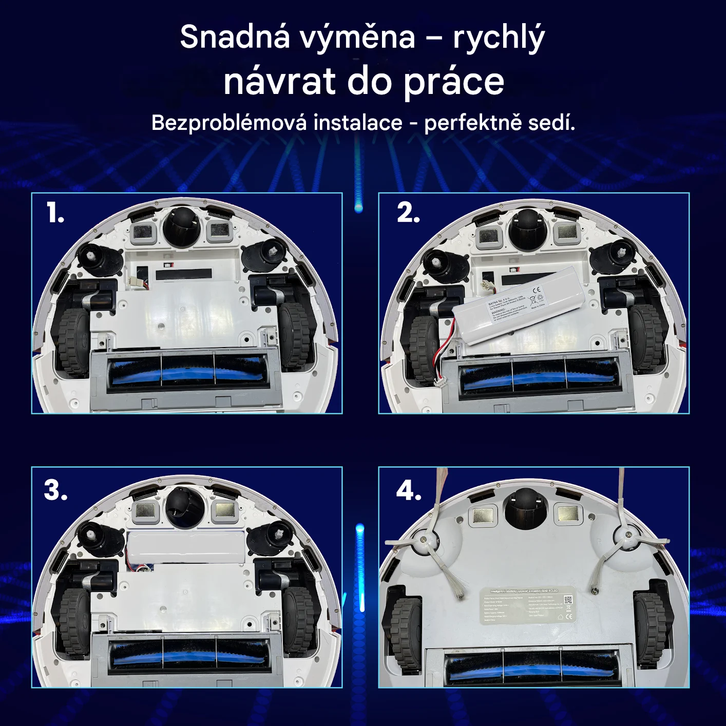 čtyři kroky v&yacute;měny baterie v čistic&iacute;m robotu xiaomi zobrazen&eacute; se čtyřmi obr&aacute;zky vysavače pod n&iacute;m
