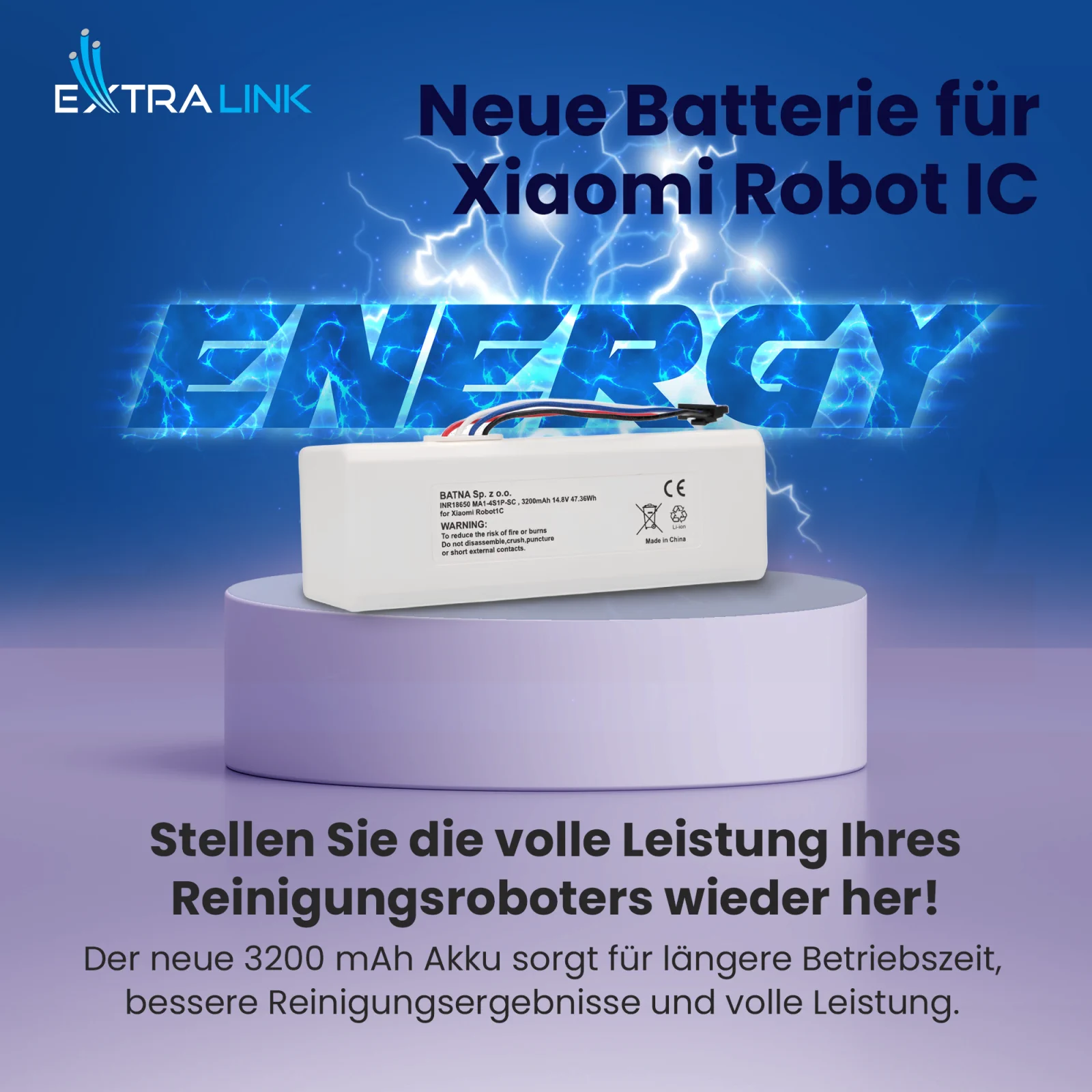 Akku f&uuml;r xiaomi robot 1c sitzt auf wei&szlig;em rundem St&auml;nder, blaues 'ENERGY'-Logo im Hintergrund
