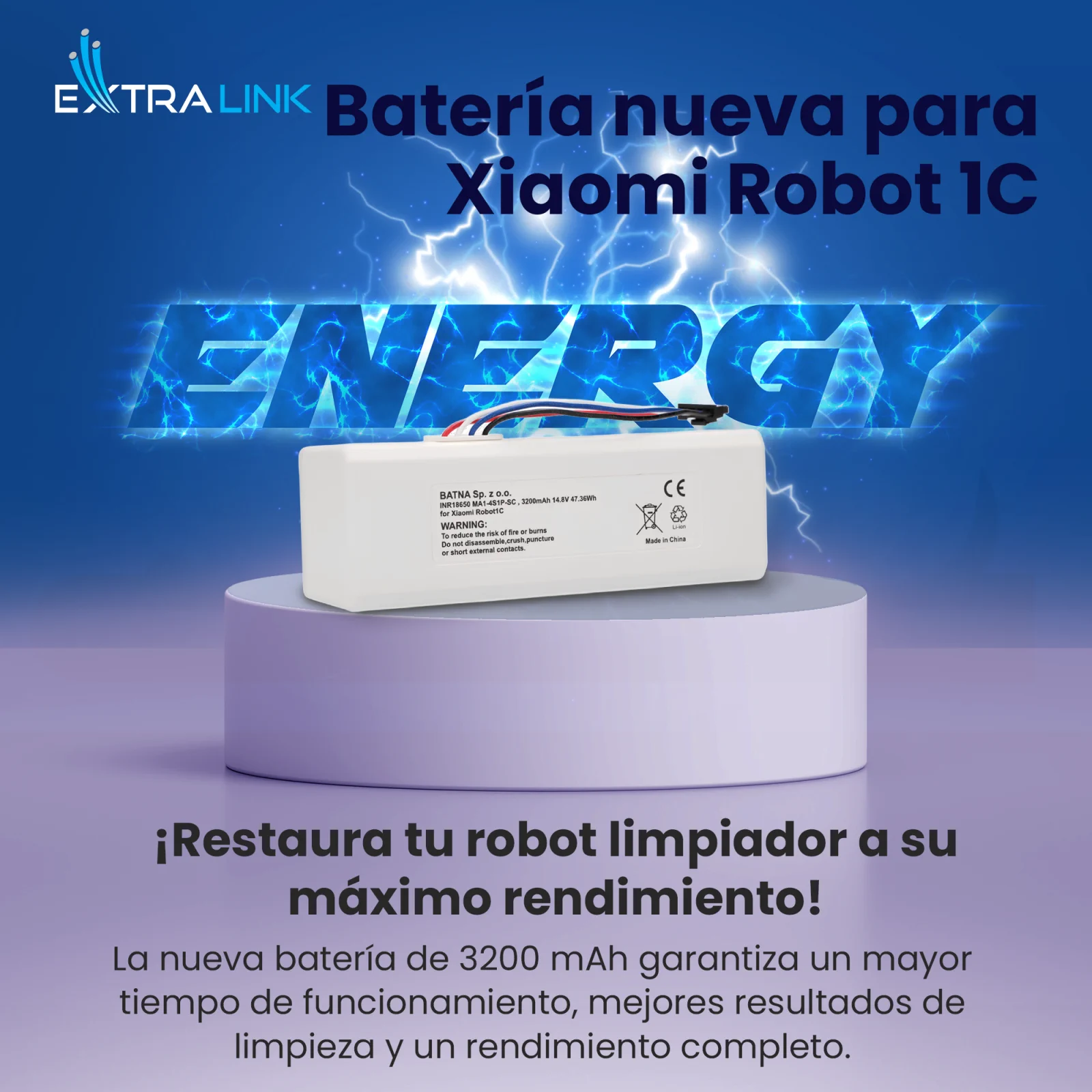 la bater&iacute;a del xiaomi robot 1c est&aacute; colocada sobre un soporte redondo blanco, con el logotipo 