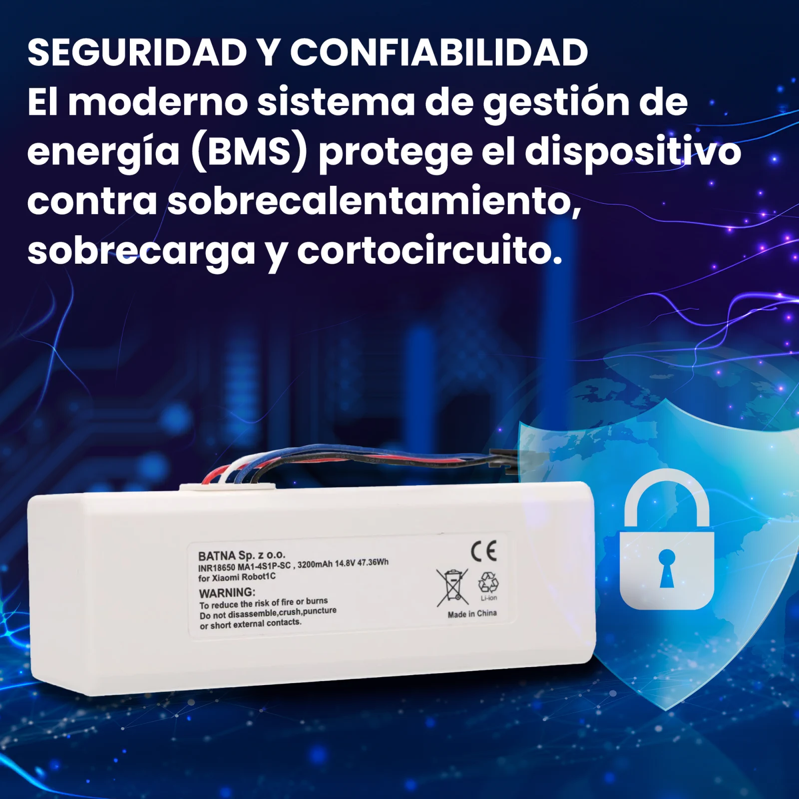 bater&iacute;a blanca para xiaomi robot 1c robot de limpieza junto a s&iacute;mbolo de seguridad con escudo azul y candado blanco