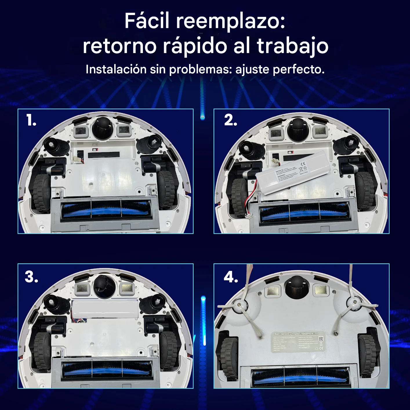 cuatro pasos para cambiar la bater&iacute;a del robot de limpieza xiaomi mostrados con cuatro im&aacute;genes de la aspiradora debajo