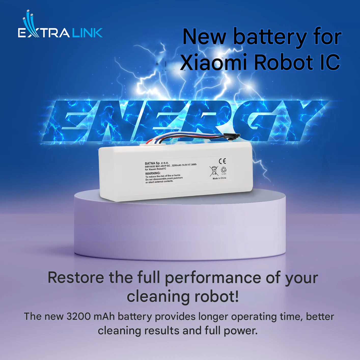 battery for xiaomi robot 1c lies on a white round stand, blue 'ENERGY' logo in the background