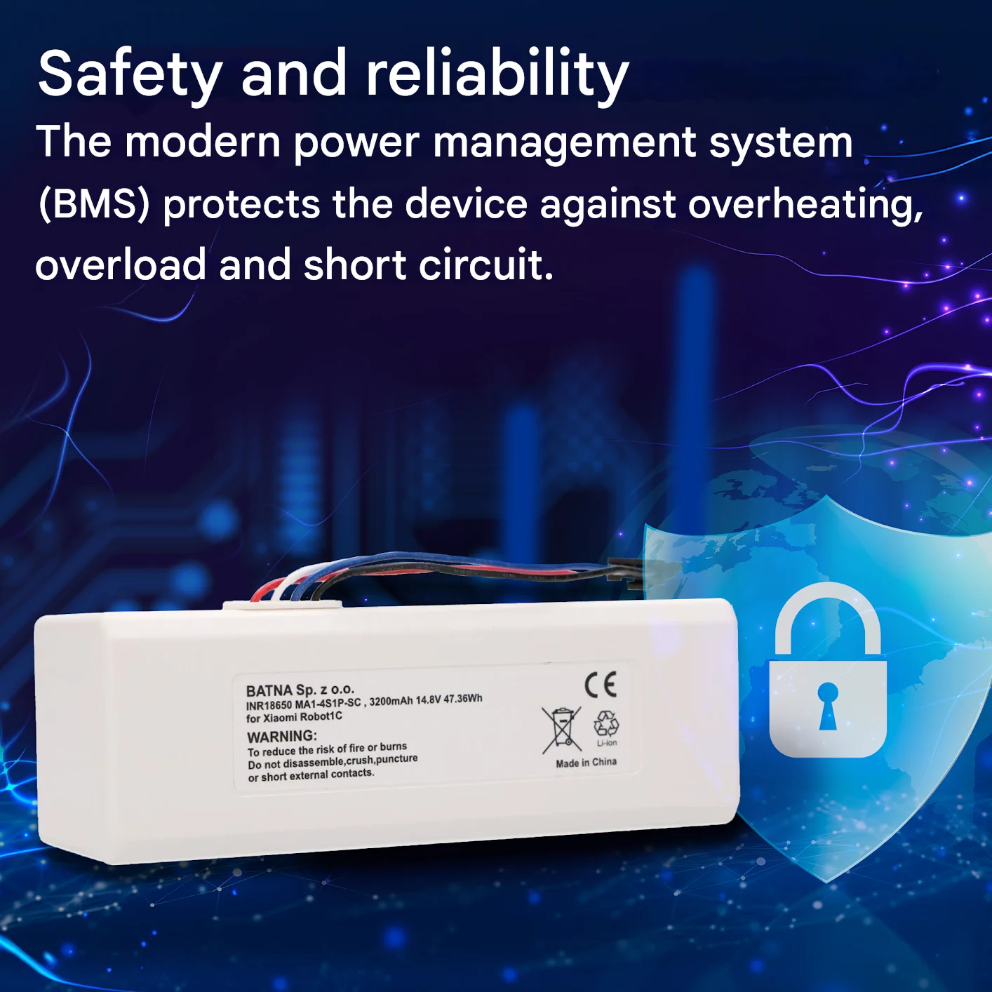 white battery for xiaomi robot 1c cleaning robot next to safety symbol with blue shield and white padlock