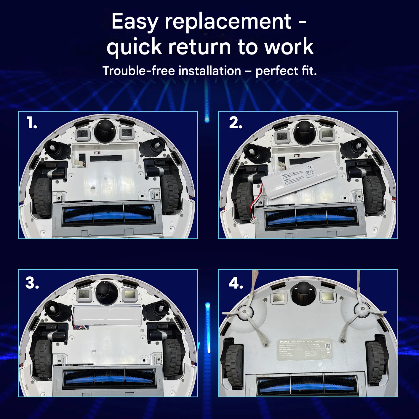 four steps of battery replacement in xiaomi cleaning robot shown with four images of the vacuum cleaner from underneath