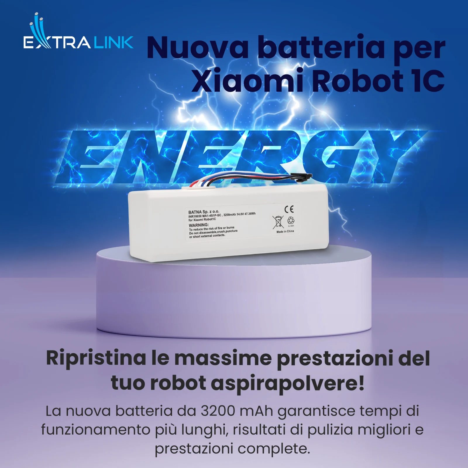 batteria per xiaomi robot 1c su supporto rotondo bianco, logo 