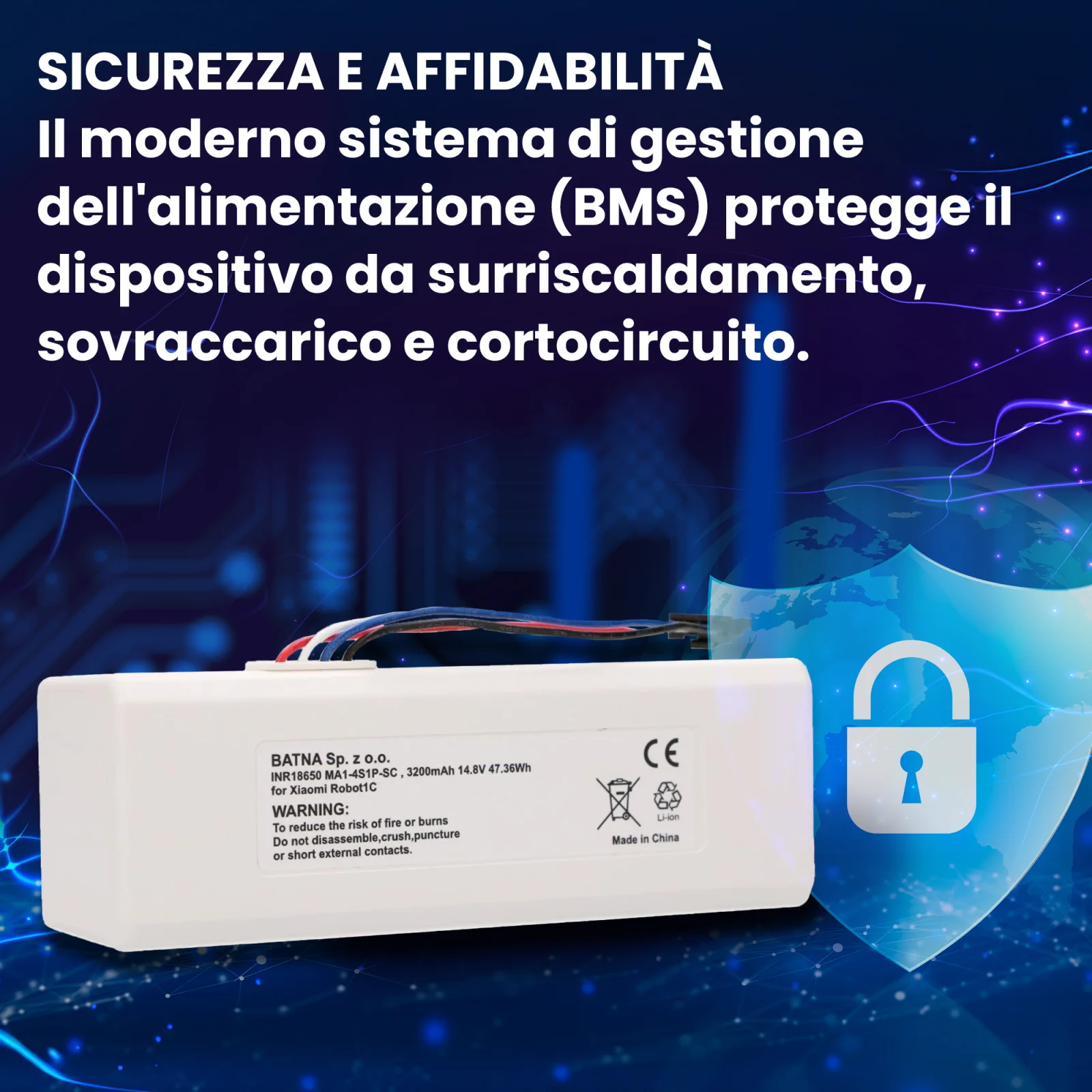 batteria bianca per xiaomi robot 1c robot di pulizia accanto al simbolo di sicurezza con scudo blu e lucchetto bianco