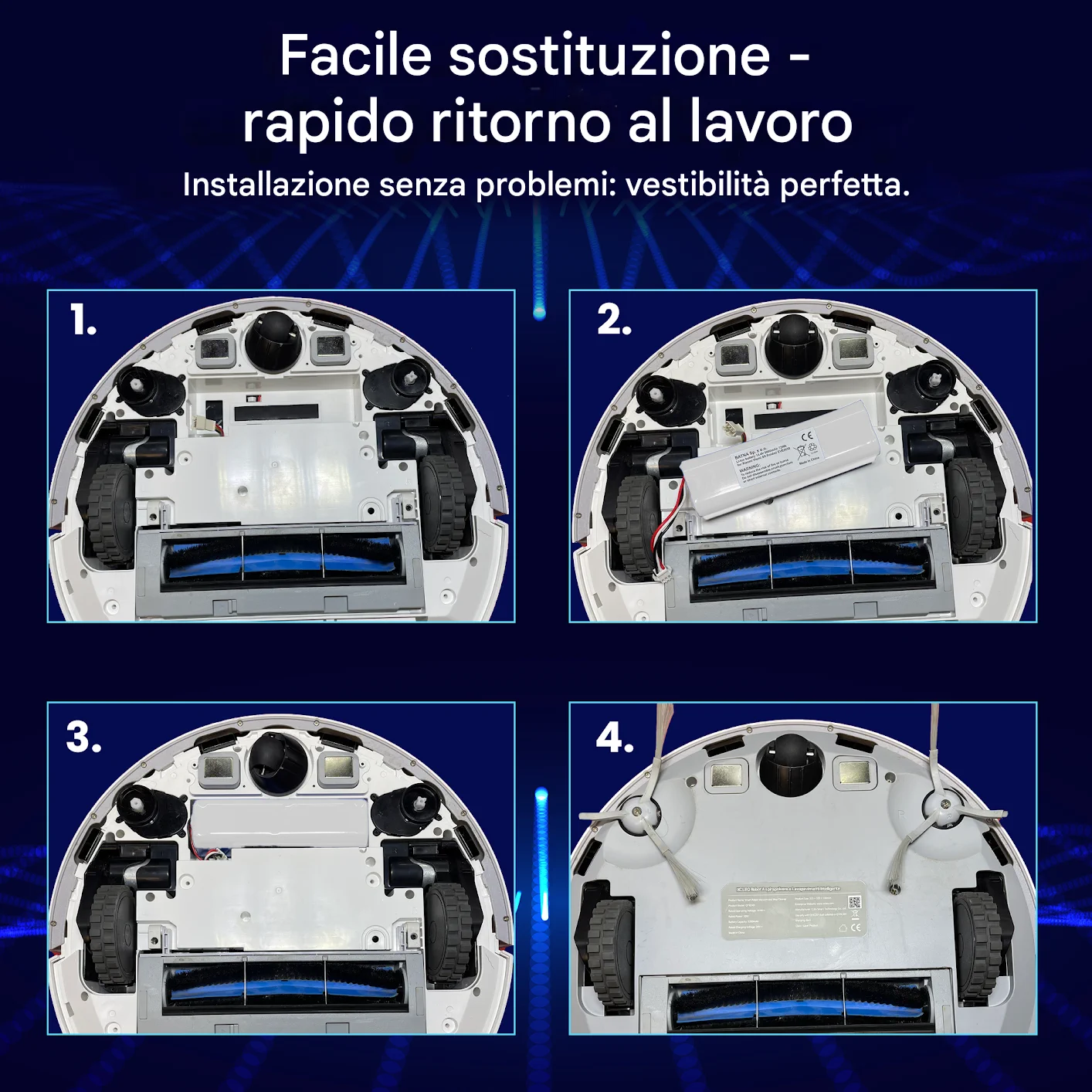 quattro fasi di sostituzione della batteria del robot di pulizia xiaomi mostrate con quattro immagini dell'aspirapolvere sottostante