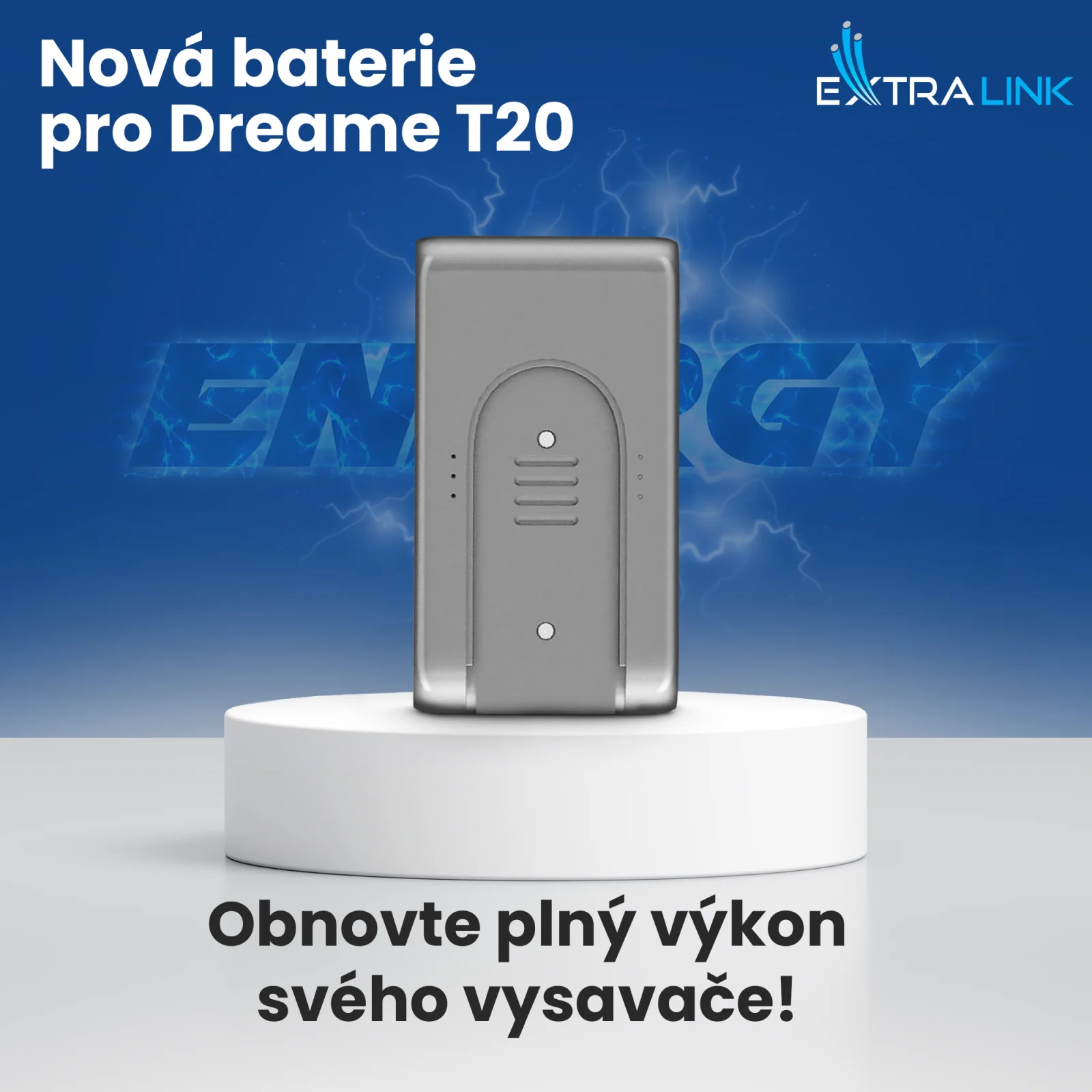šedá baterie dreame t20 na bílém kulatém stojanu, v pozadí modré logo