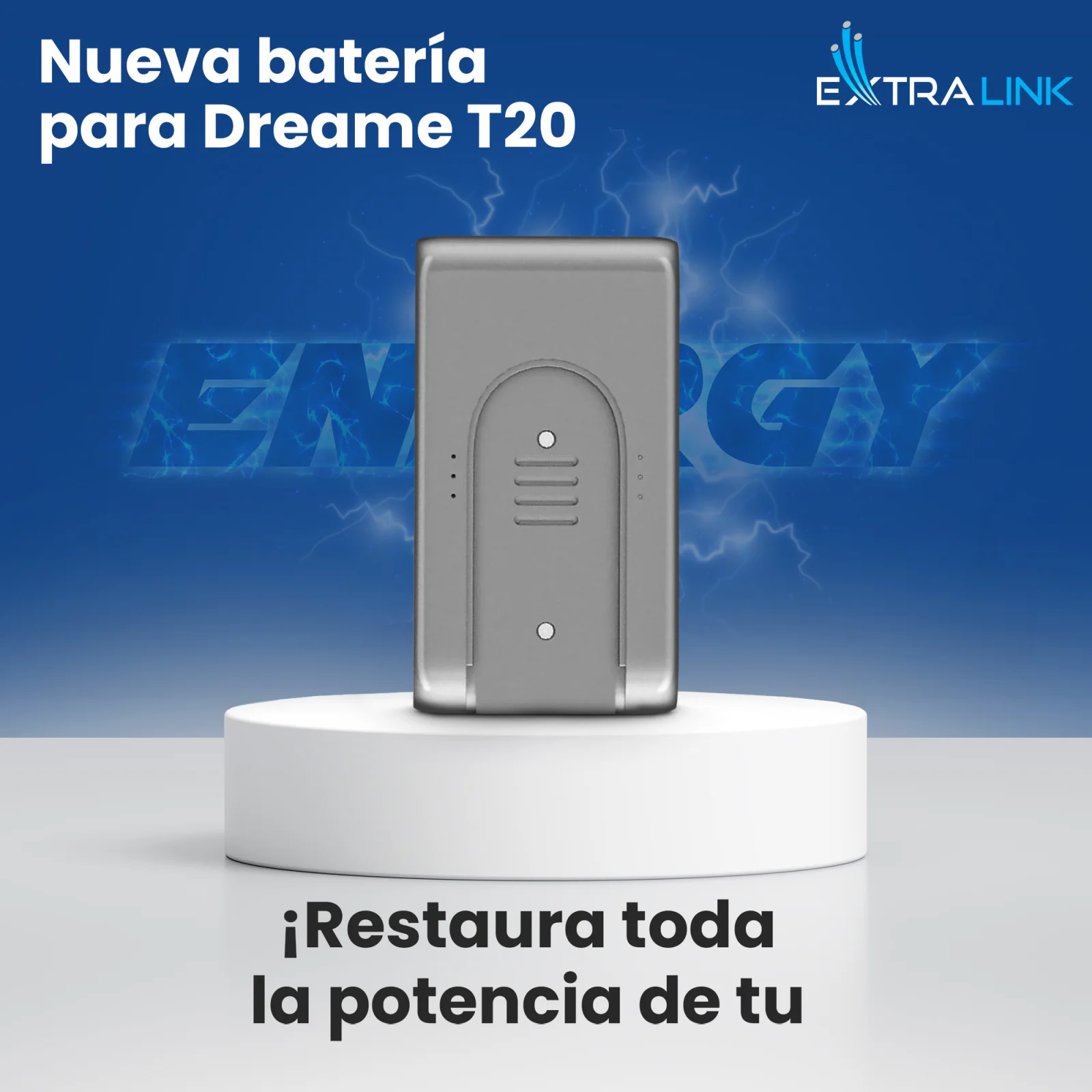 la pila dreame t20 gris está colocada sobre un soporte redondo blanco, con el logotipo