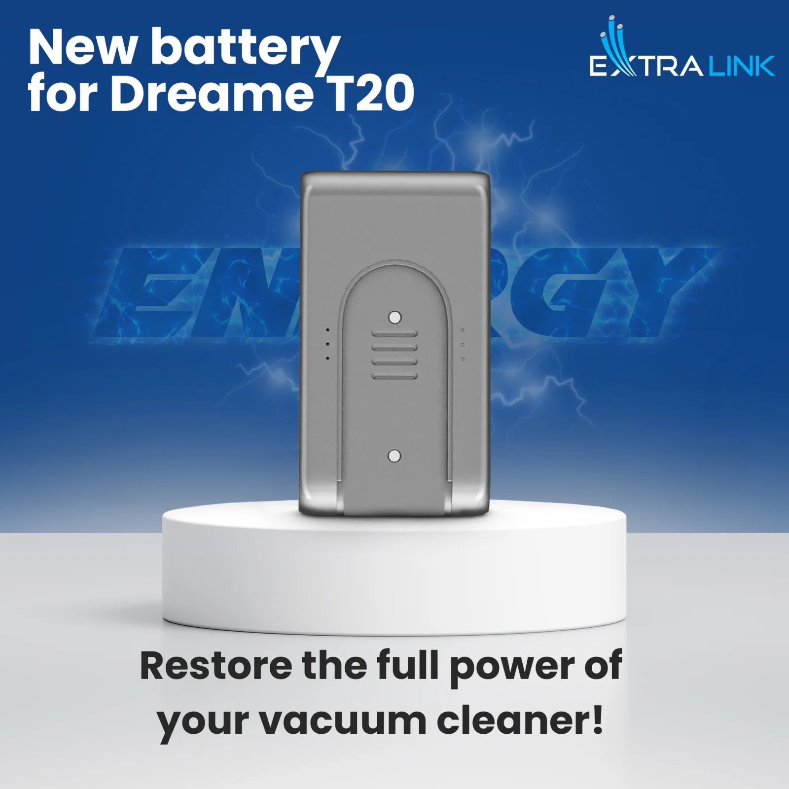 la pila dreame t20 gris está colocada sobre un soporte redondo blanco, con el logotipo