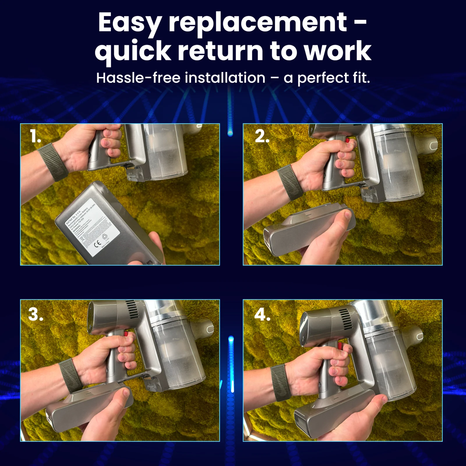 cuatro pasos para sustituir la batería del dreame t20 mostrados con cuatro imágenes de los pasos de sustitución