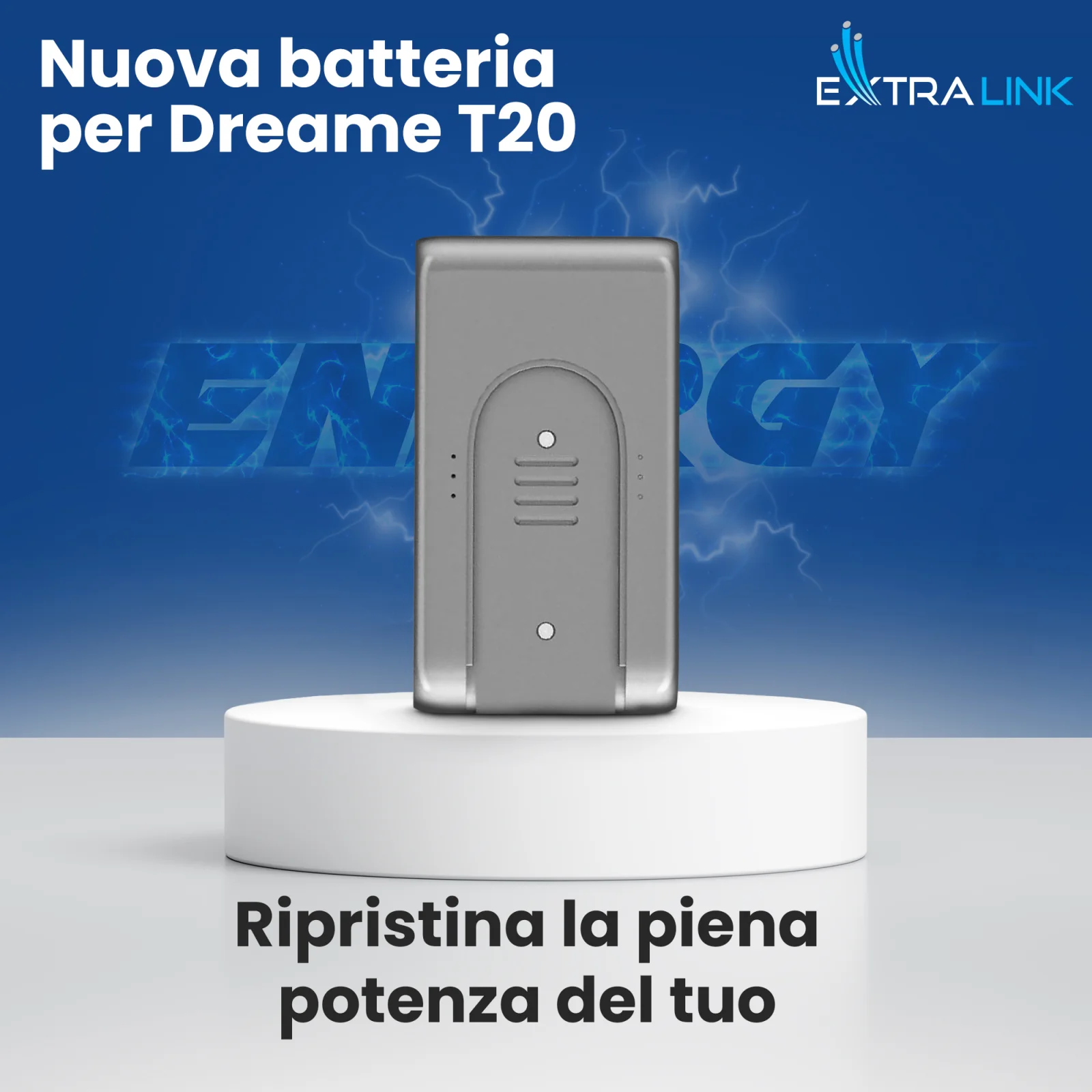 La batteria dreame t20 grigia si trova su un supporto rotondo bianco, con il logo