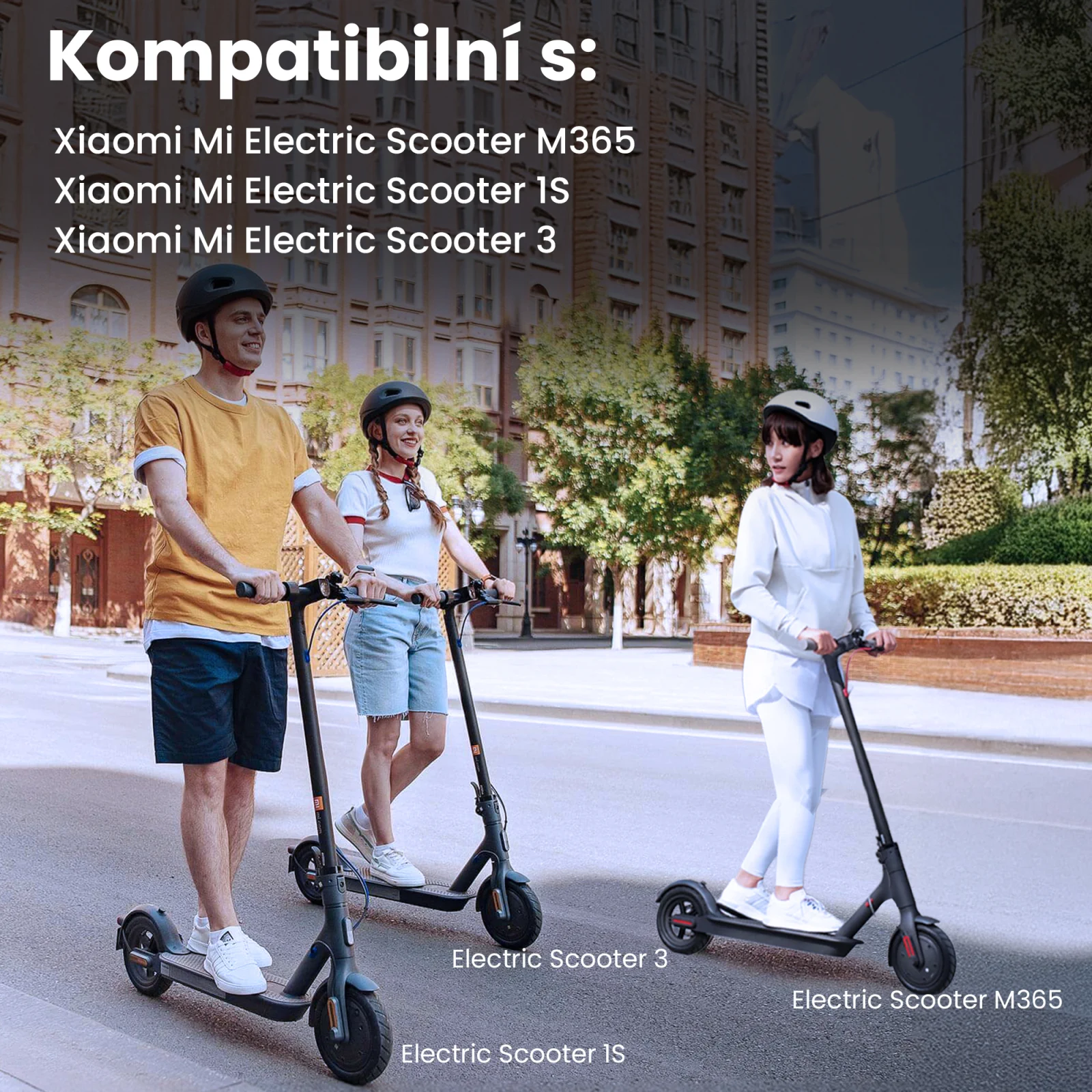zleva doprava: muž a dvě ženy na sk&uacute;tru xiaomi 1s, sk&uacute;tru 3 a sk&uacute;tru m365.