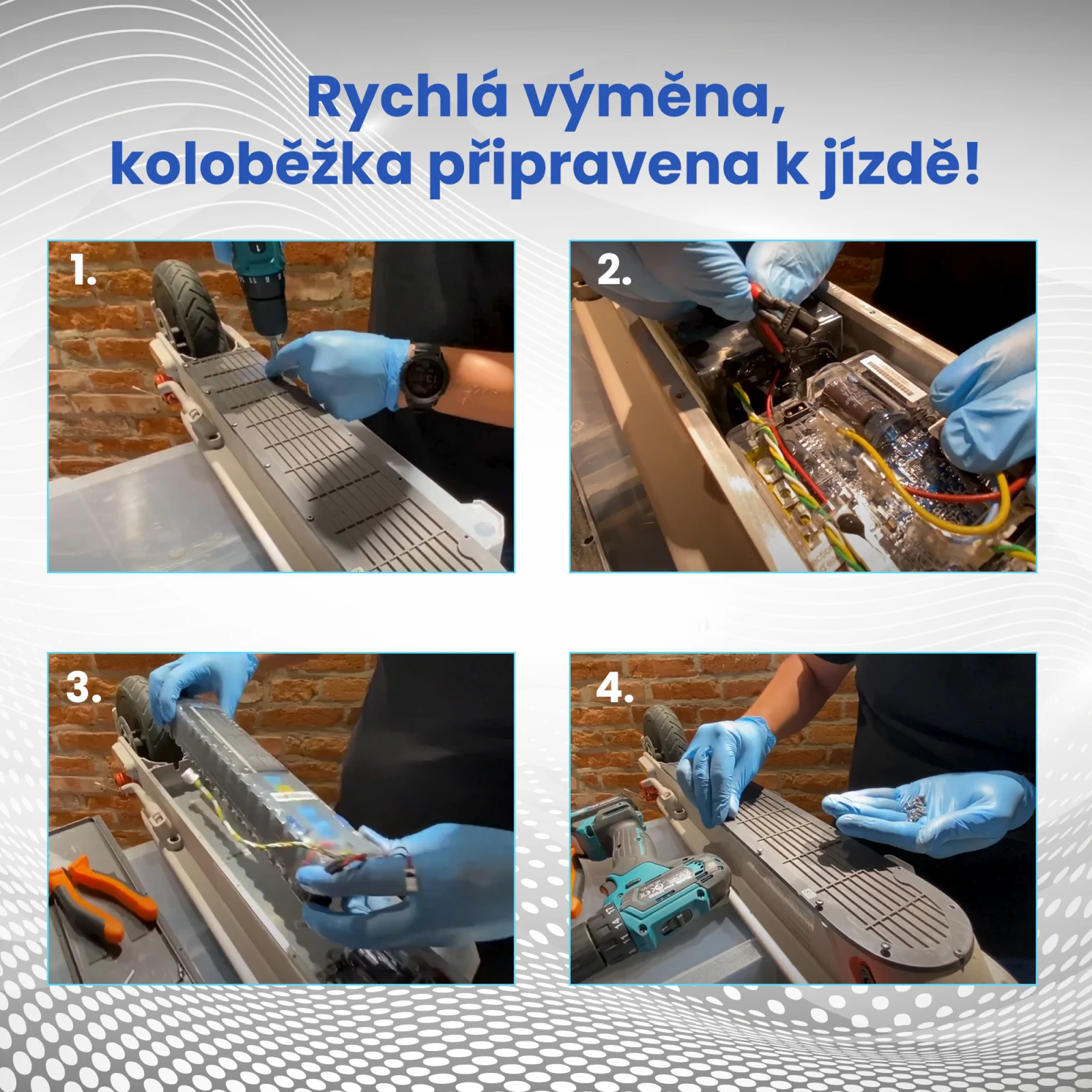 čtyři obrázky ukazující kroky k výměně baterie v koloběžce xiaomi