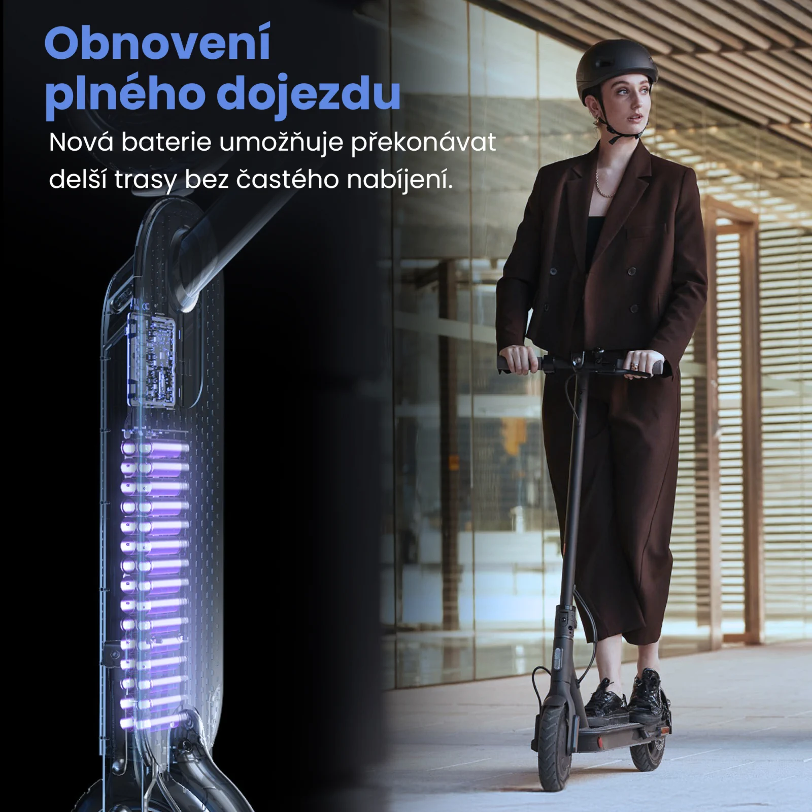 vlevo svislá vizualizace vnitřku skútru se zobrazením baterie vpravo žena jezdí na skútru