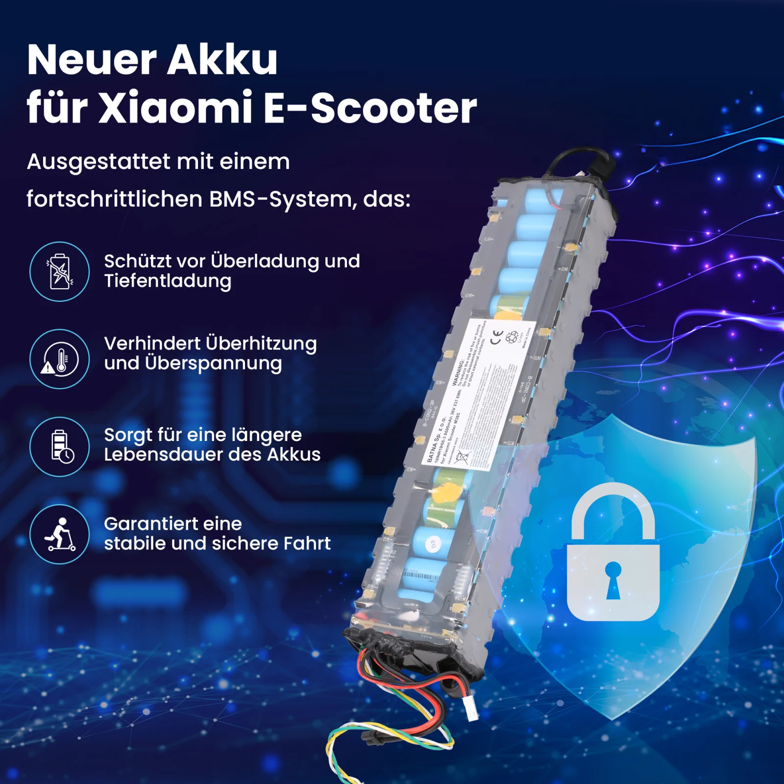 Akku f&uuml;r xiaomi m365 Scooter neben Sicherheitssymbol mit blauem Schild und wei&szlig;em Vorh&auml;ngeschloss
