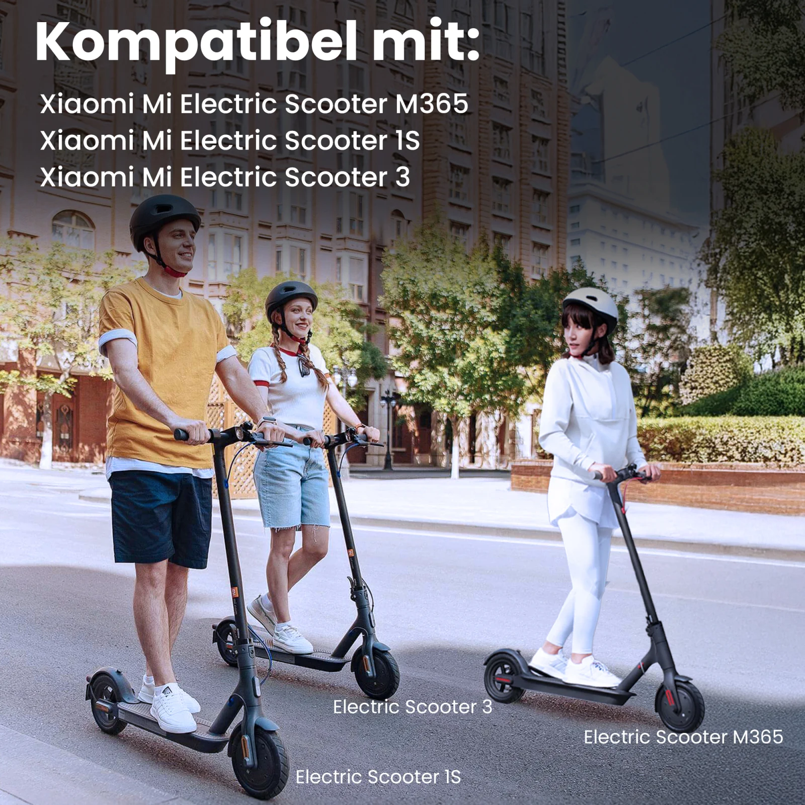 von links nach rechts: ein Mann und zwei Frauen auf Xiaomi Scooter 1s, Scooter 3 und Scooter m365