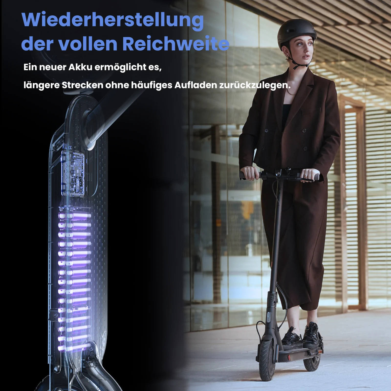 links vertikale Visualisierung des Innenraums des Rollers mit der Batterie rechts Frau f&auml;hrt den Roller