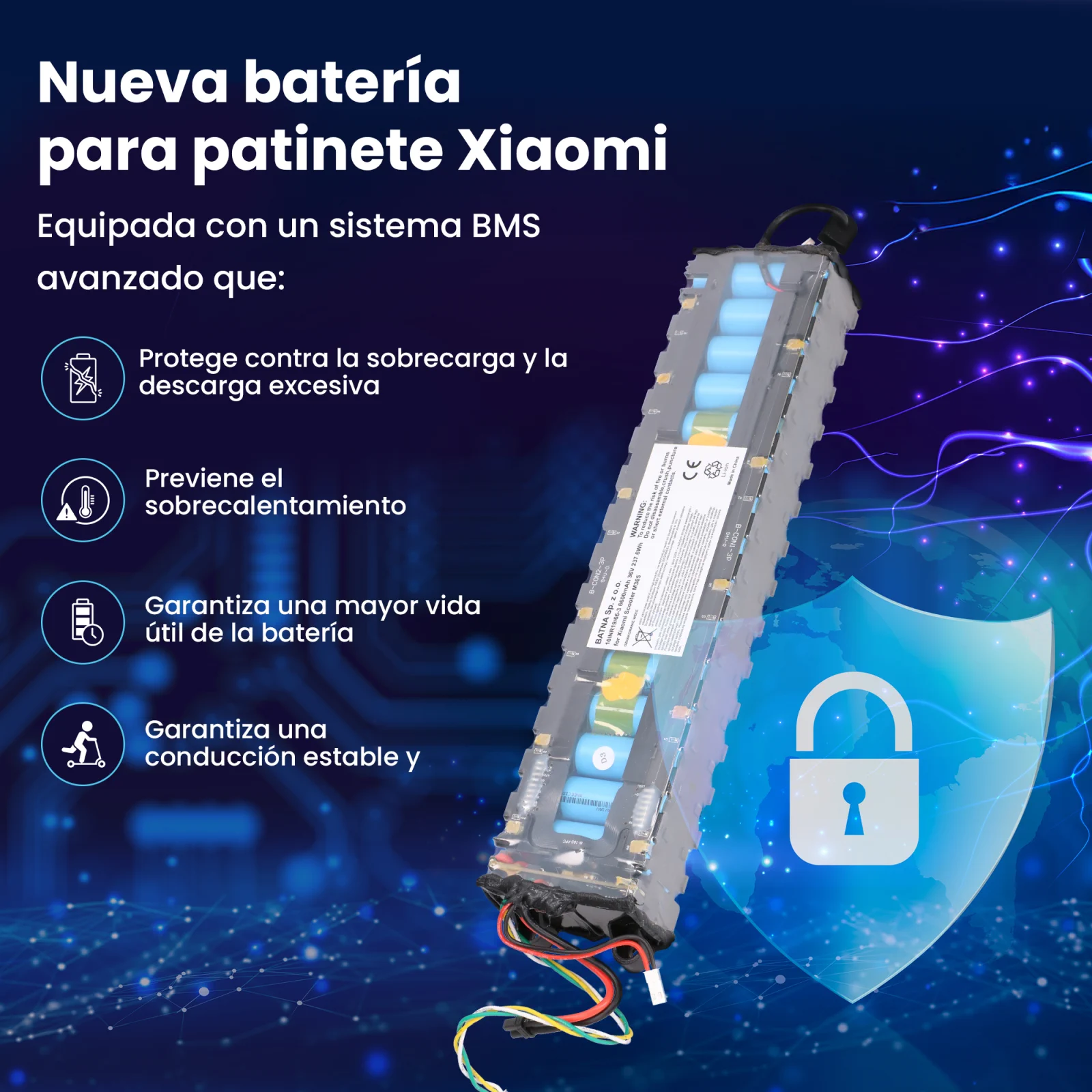 batería para scooter xiaomi m365 junto a símbolo de seguridad con escudo azul y candado blanco