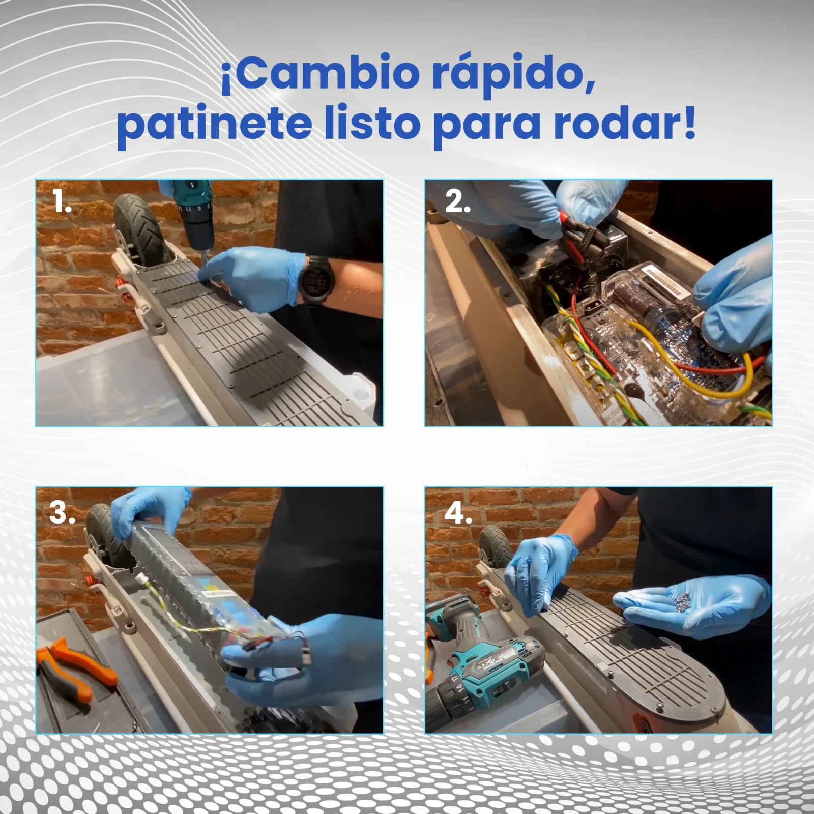 cuatro imágenes que muestran los pasos para sustituir la batería de un scooter xiaomi