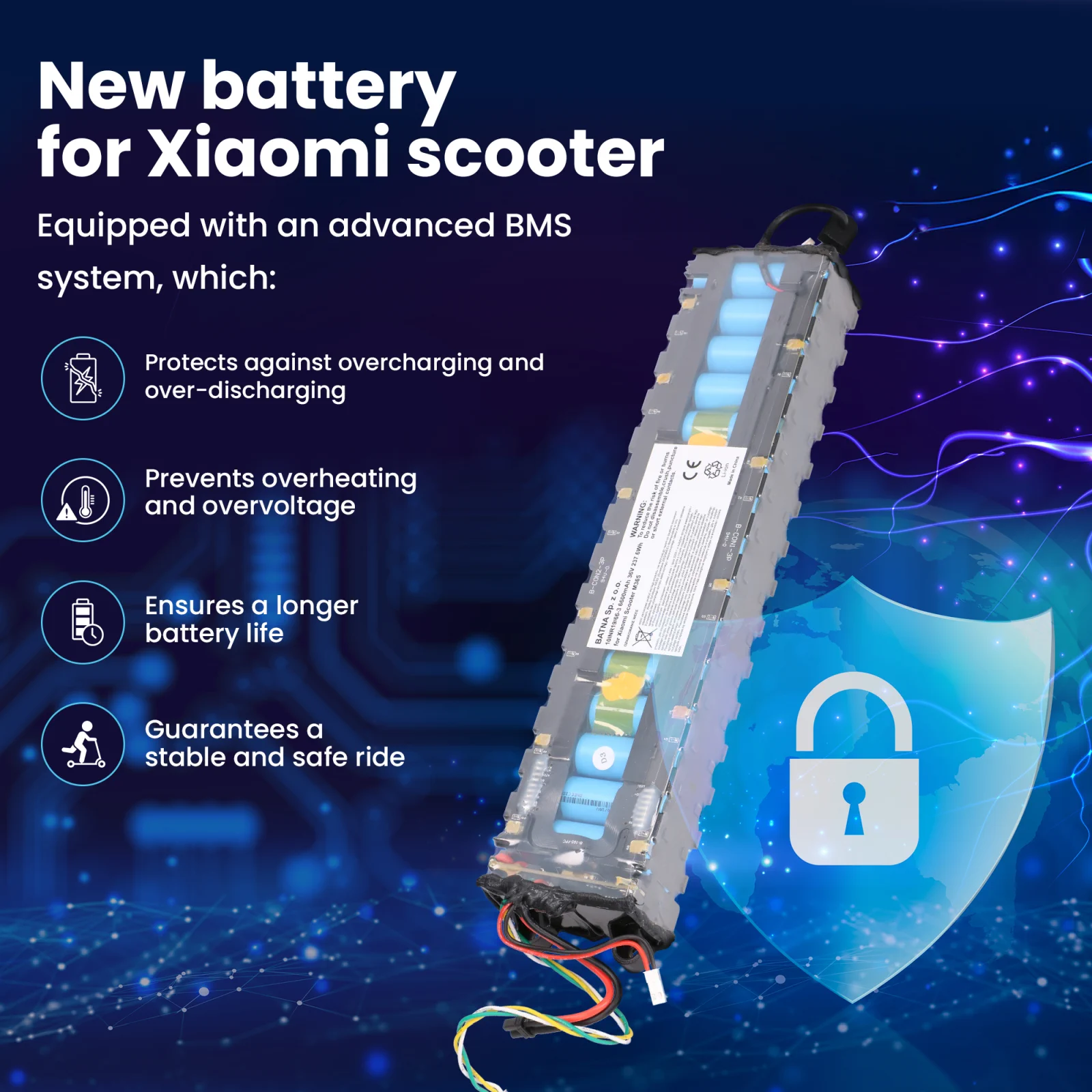 bateria do hulajnogi xiaomi m365 obok symbol bezpieczeństwa z niebieską tarczą i białą kłódką