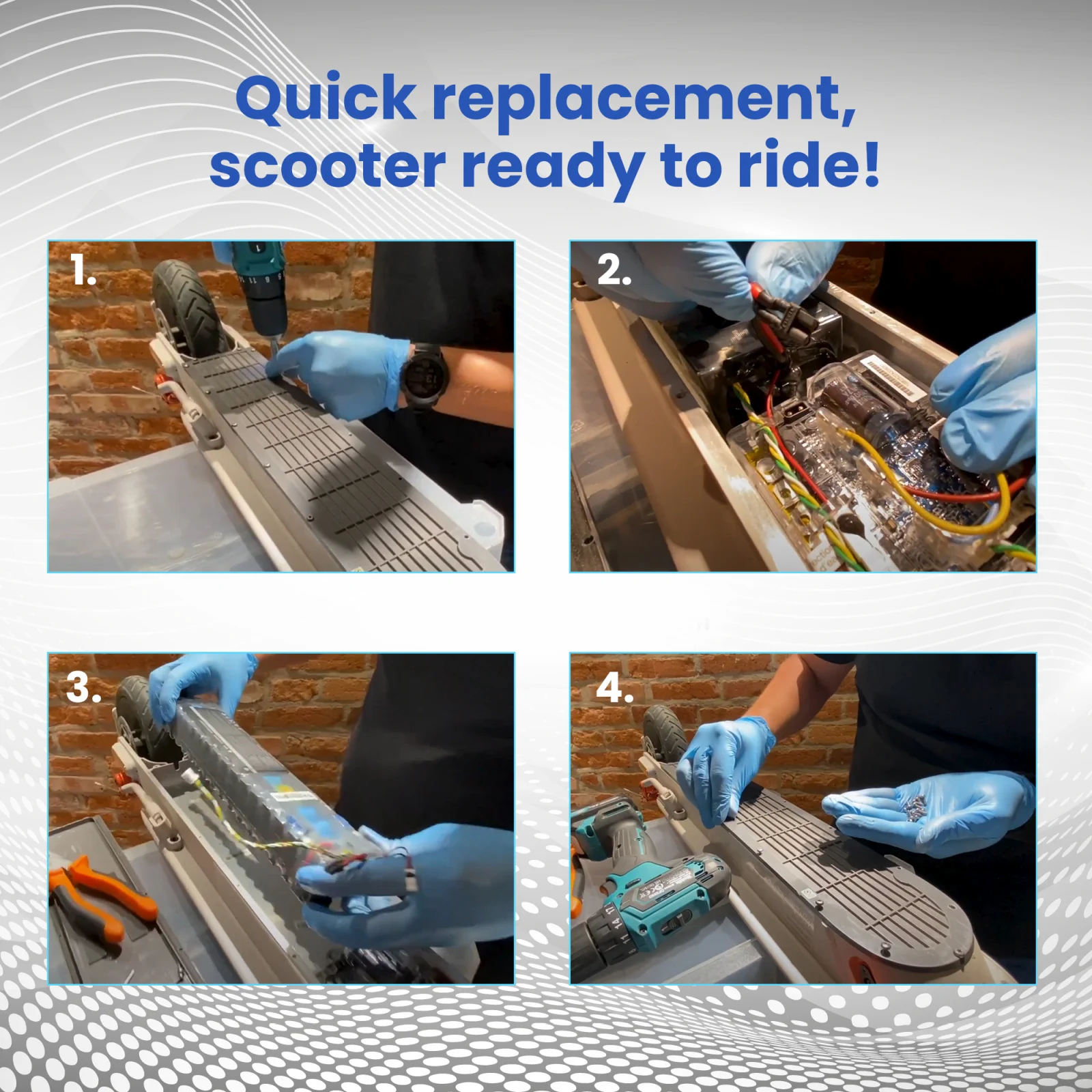 cztery obrazy pokazujące kroki wymiany baterii w hulajnodze xiaomi