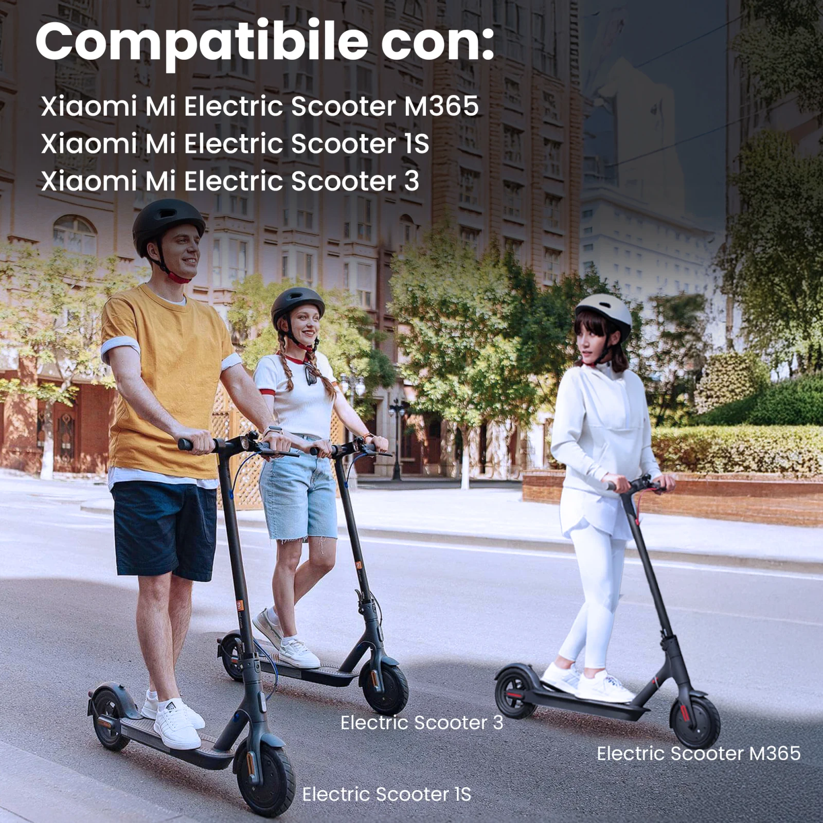 da sinistra a destra: un uomo e due donne su xiaomi scooter 1s, scooter 3 e scooter m365