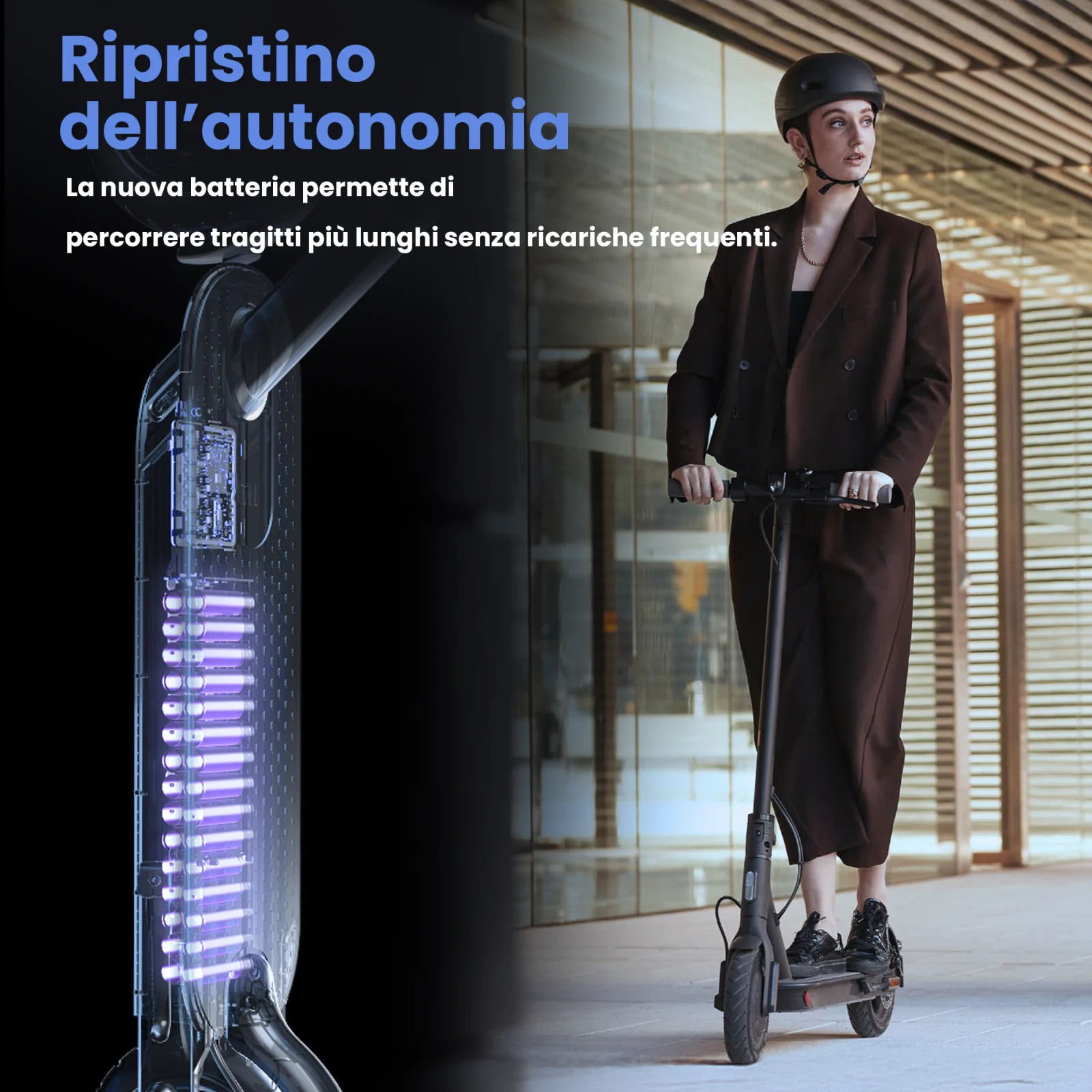 a sinistra visualizzazione verticale dell'interno dello scooter che mostra la batteria a destra donna in sella allo scooter