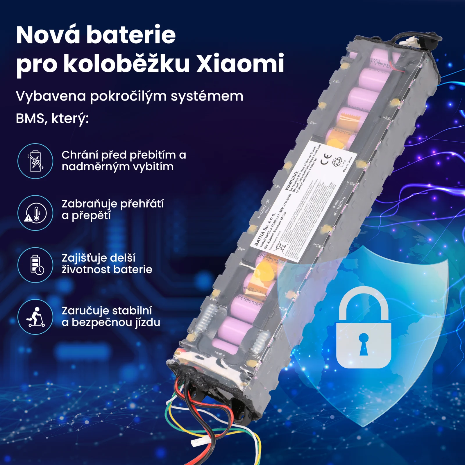 baterie pro koloběžku xiaomi m365 vedle bezpečnostního symbolu s modrým štítem a bílým zámkem