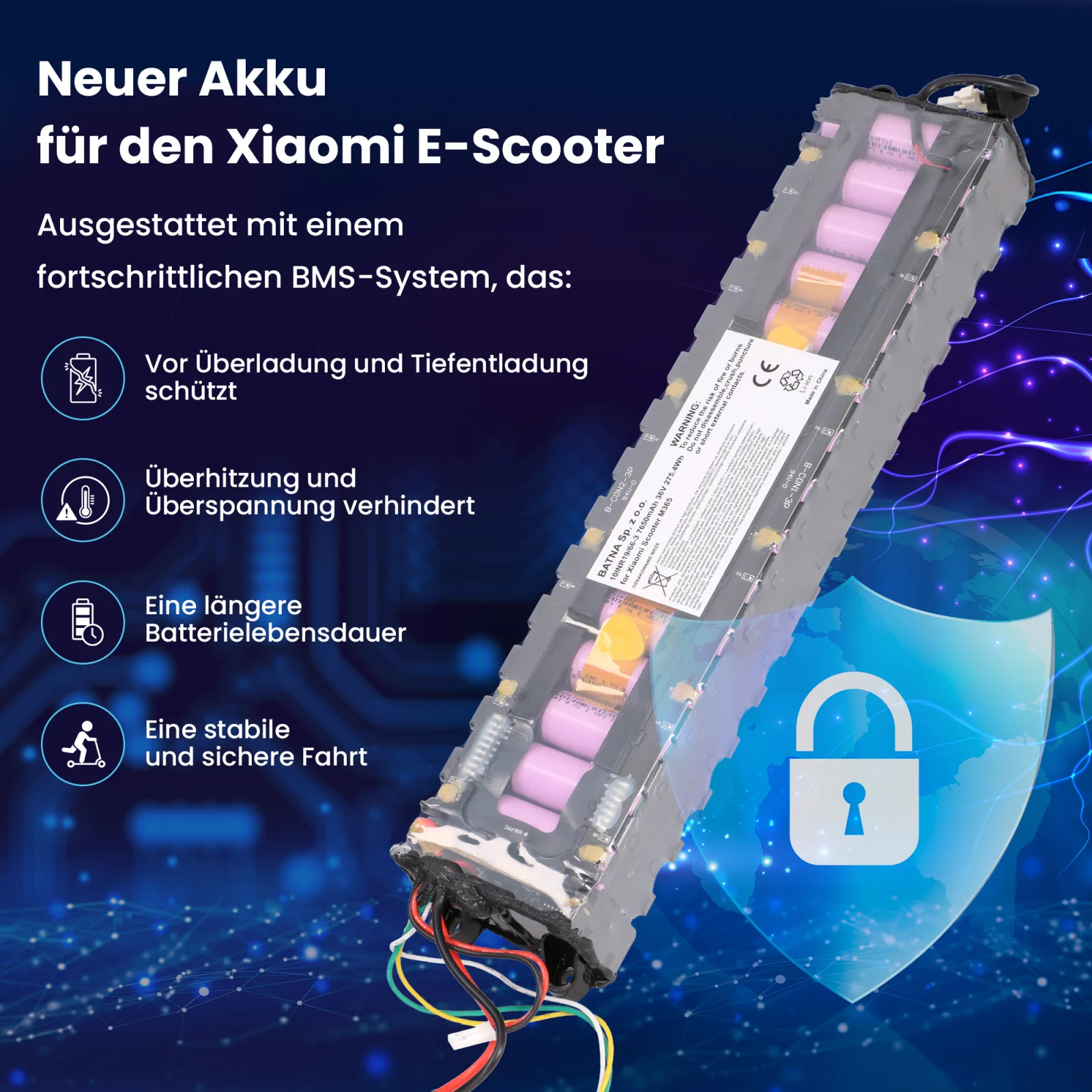 Akku f&uuml;r xiaomi m365 Scooter neben Sicherheitssymbol mit blauem Schild und wei&szlig;em Vorh&auml;ngeschloss