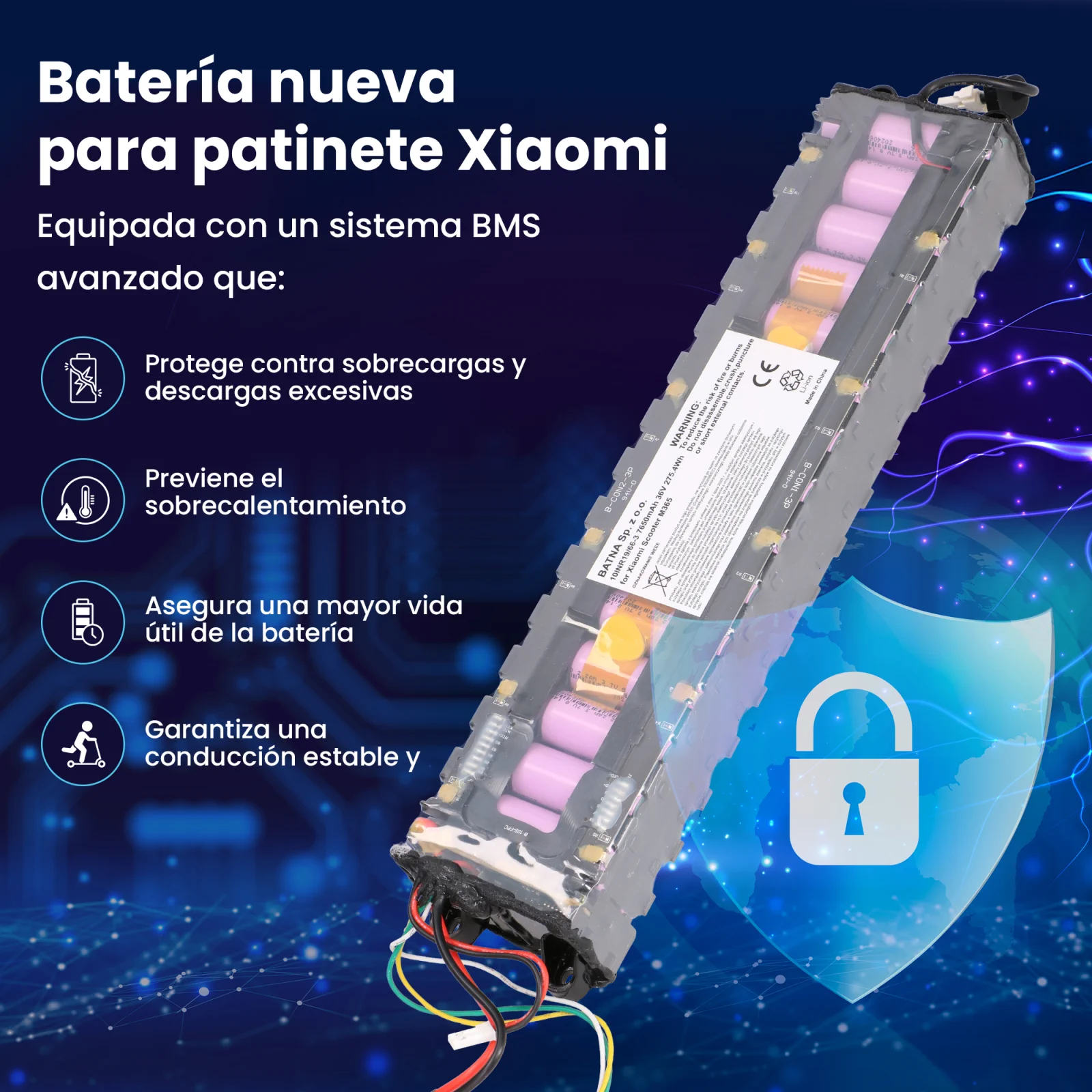 batería para scooter xiaomi m365 junto a símbolo de seguridad con escudo azul y candado blanco