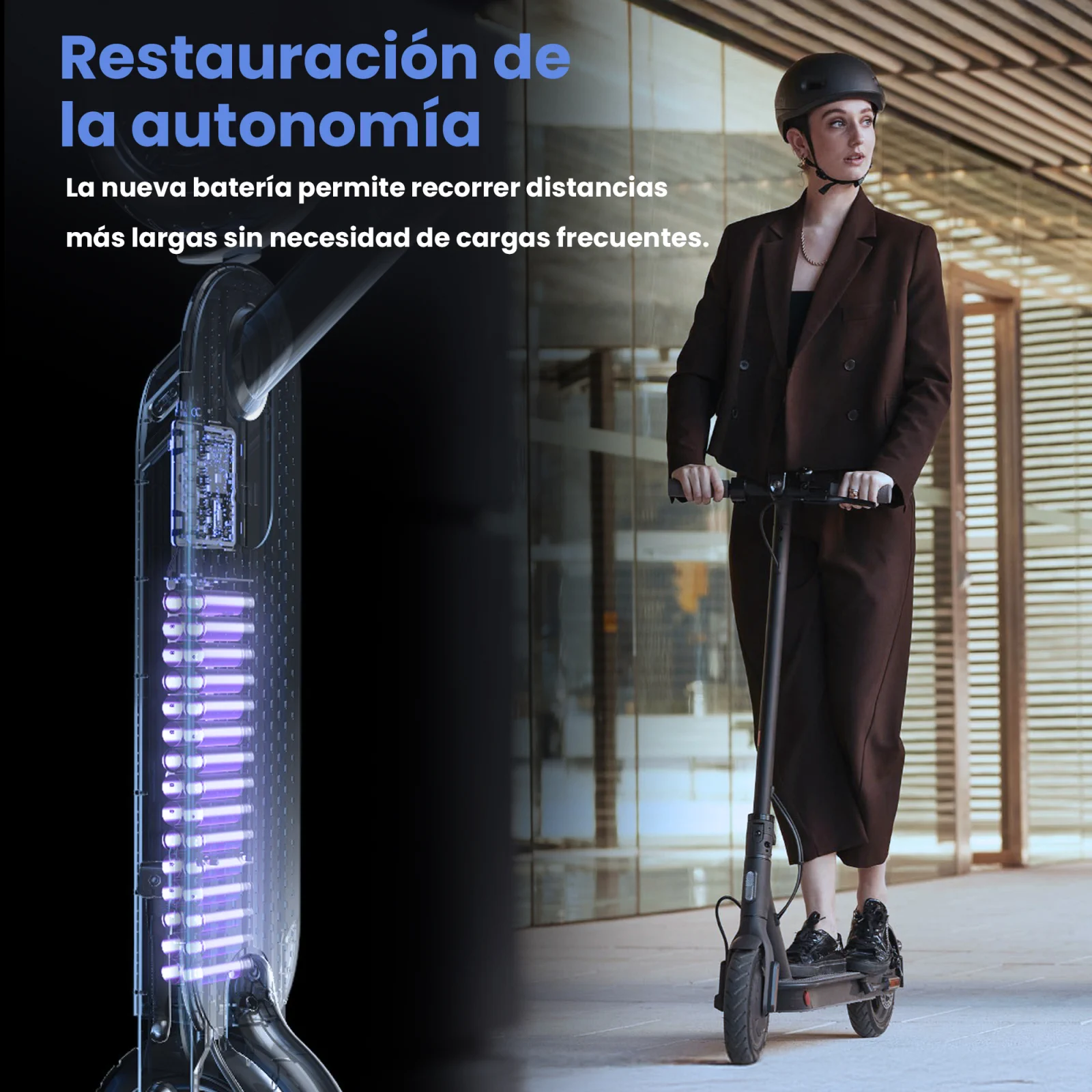 izquierda visualización vertical del interior del scooter mostrando la batería derecha mujer conduce el scooter