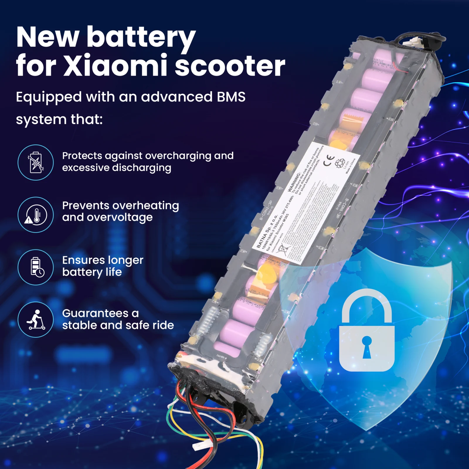 batería para scooter xiaomi m365 junto a símbolo de seguridad con escudo azul y candado blanco