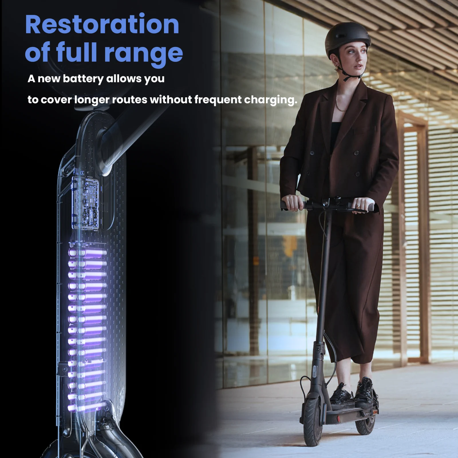 izquierda visualización vertical del interior del scooter mostrando la batería derecha mujer conduce el scooter