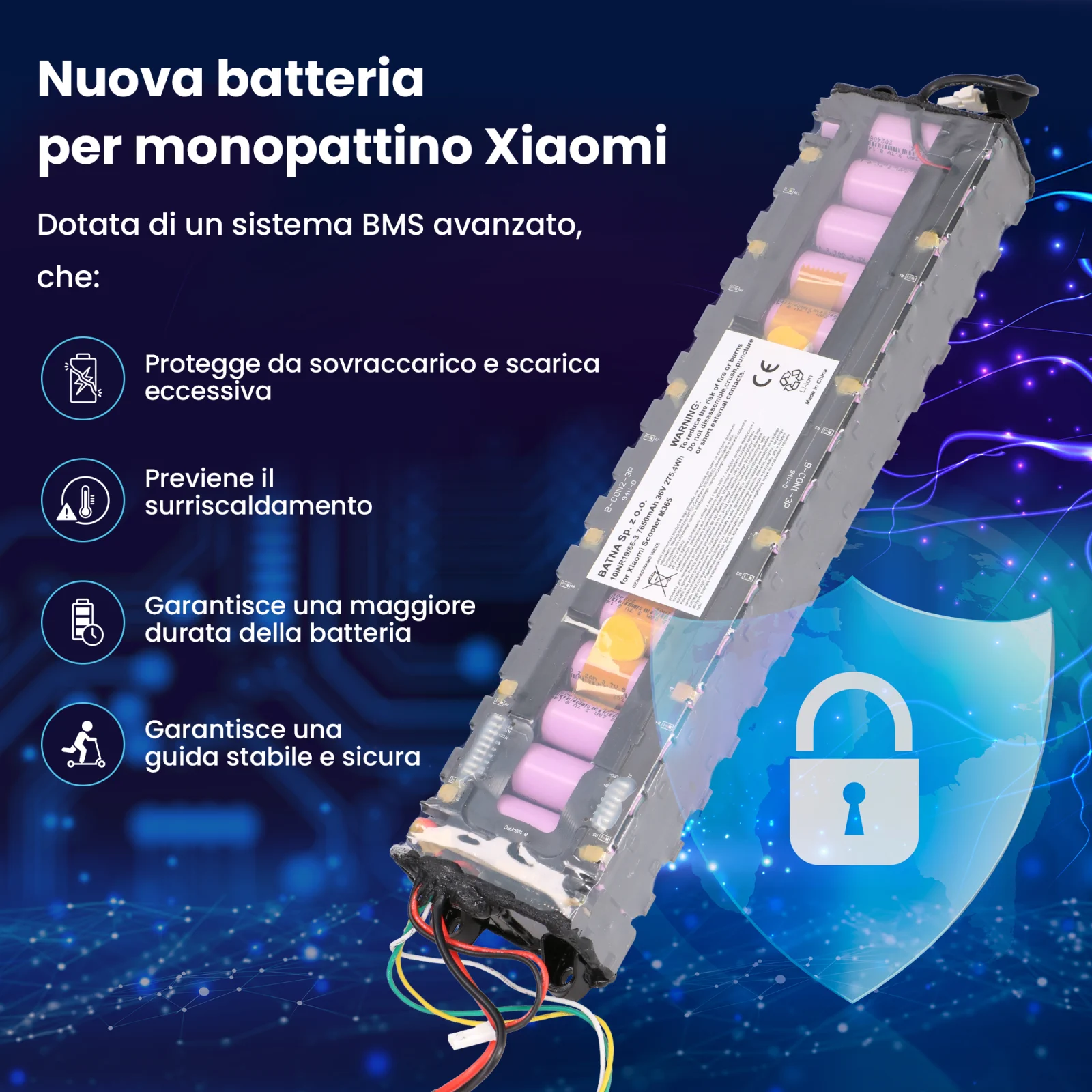 batteria per scooter xiaomi m365 accanto al simbolo di sicurezza con scudo blu e lucchetto bianco