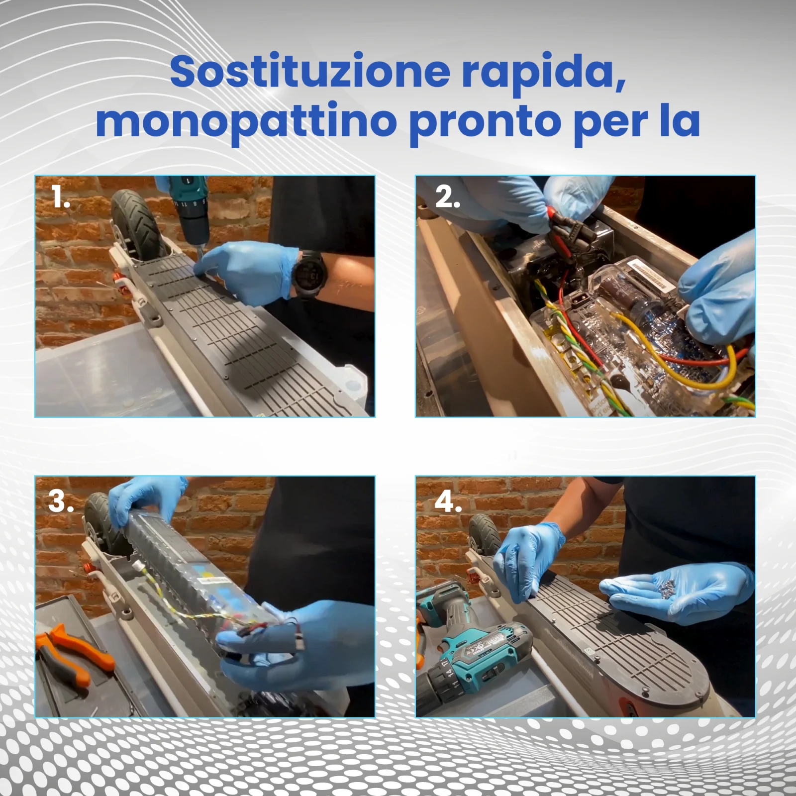 quattro immagini che mostrano i passaggi per sostituire la batteria di uno scooter xiaomi