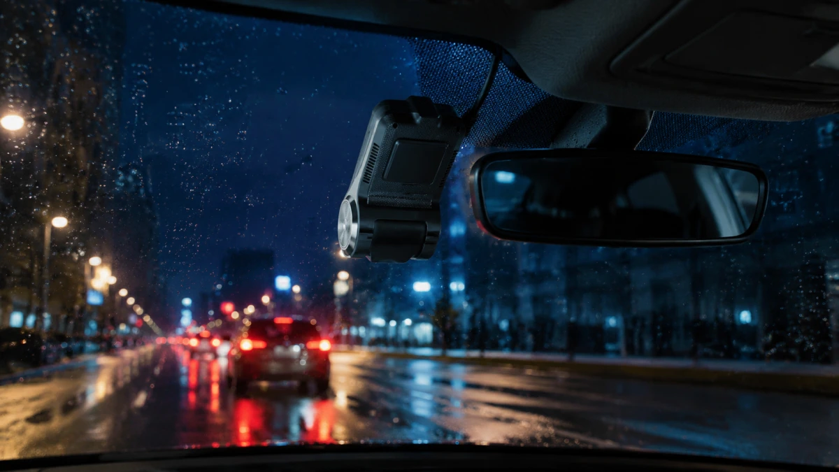 C&acirc;mara autom&oacute;vel Extralink Lifestyle Dash Cam montada junto ao espelho durante condu&ccedil;&atilde;o noturna na chuva