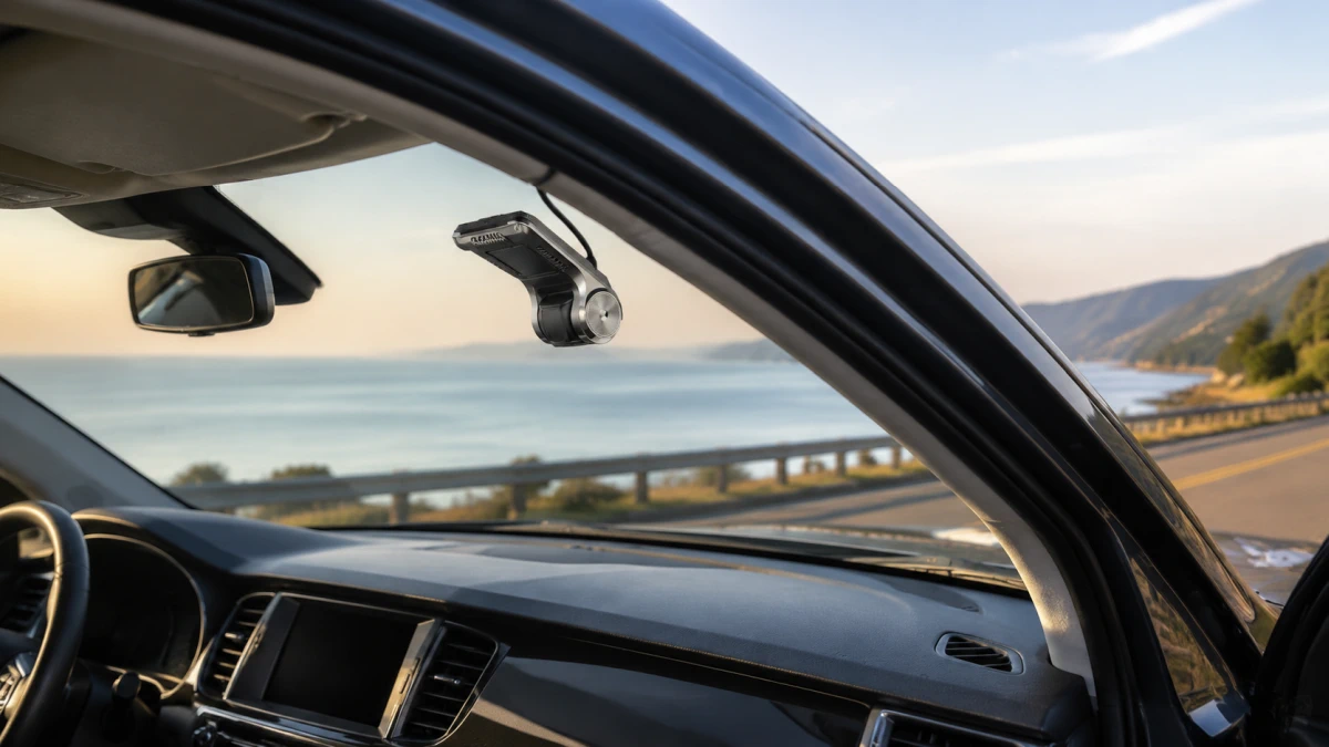 Extralink Lifestyle Dash Cam no para-brisas dianteiro de um carro a circular por uma rota costeira