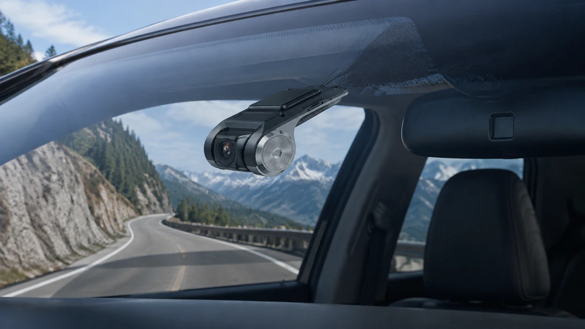 C&acirc;mara autom&oacute;vel grande angular Extralink Lifestyle Dash Cam apontada para uma estrada de montanha