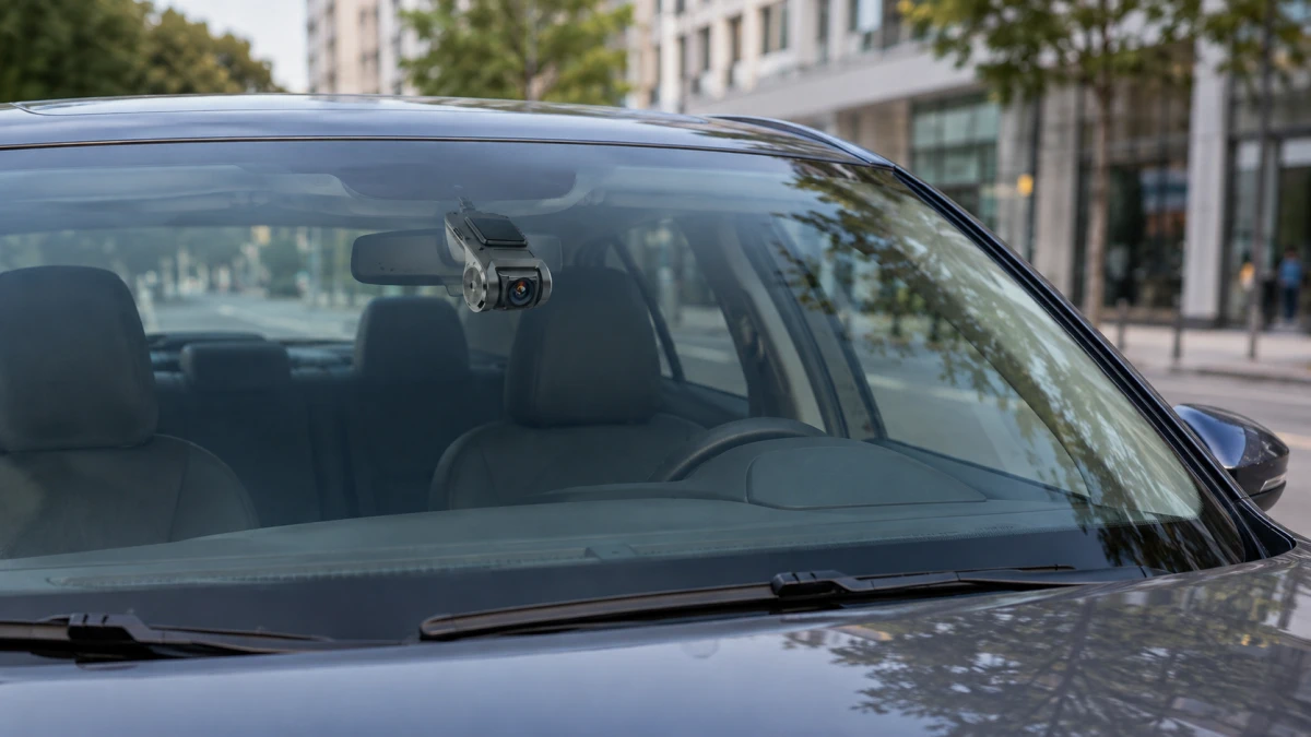 Extralink Lifestyle Dash Cam montada no para-brisas dianteiro de um autom&oacute;vel estacionado